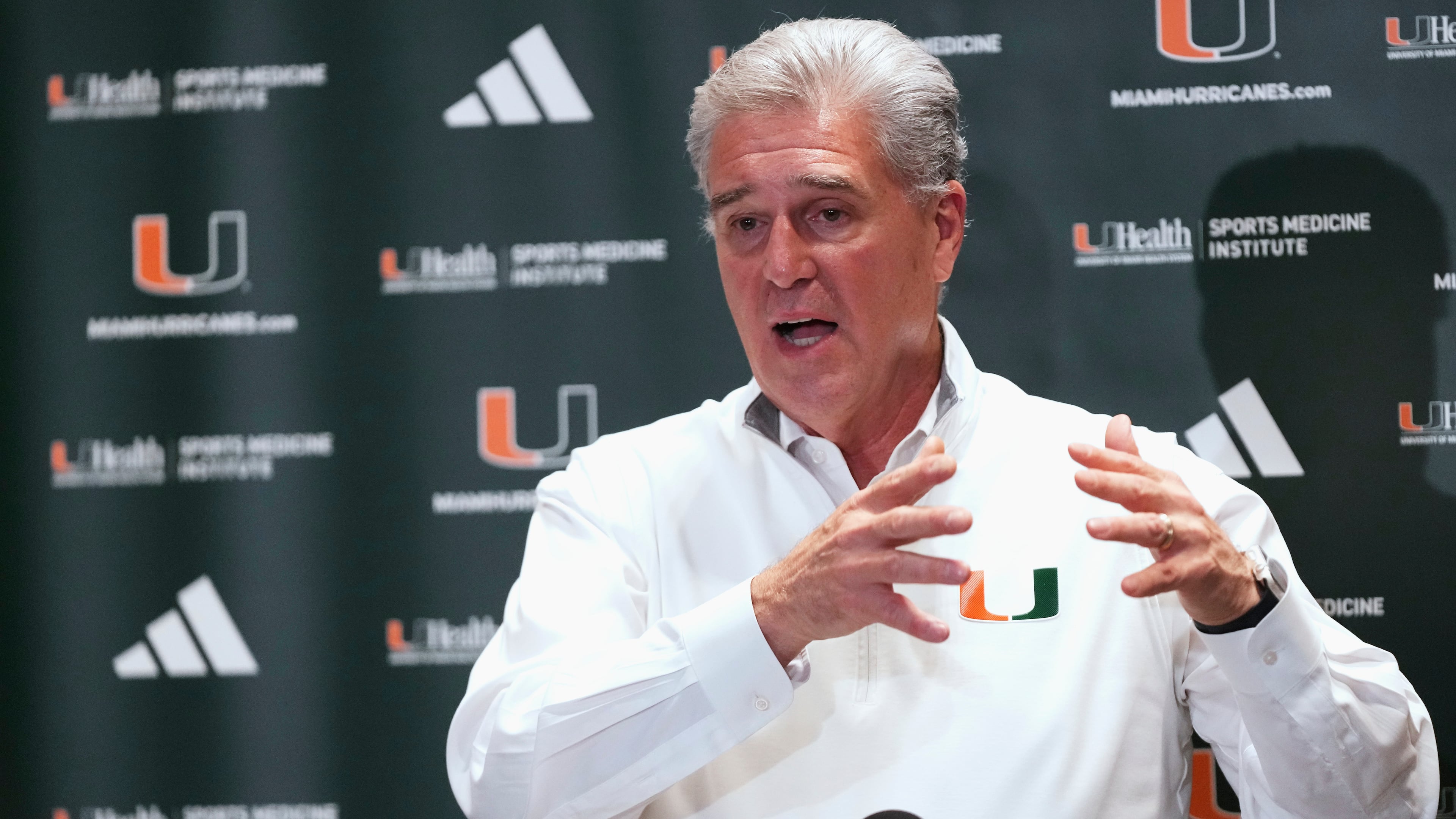 FILE - Miami athletic director Dan Radakovich speaks during a news conference Aug. 25, 2025, in Coral Gables, Fla., in advance of their upcoming NCAA college football game against Notre Dame. (AP Photo/Lynne Sladky, File)
