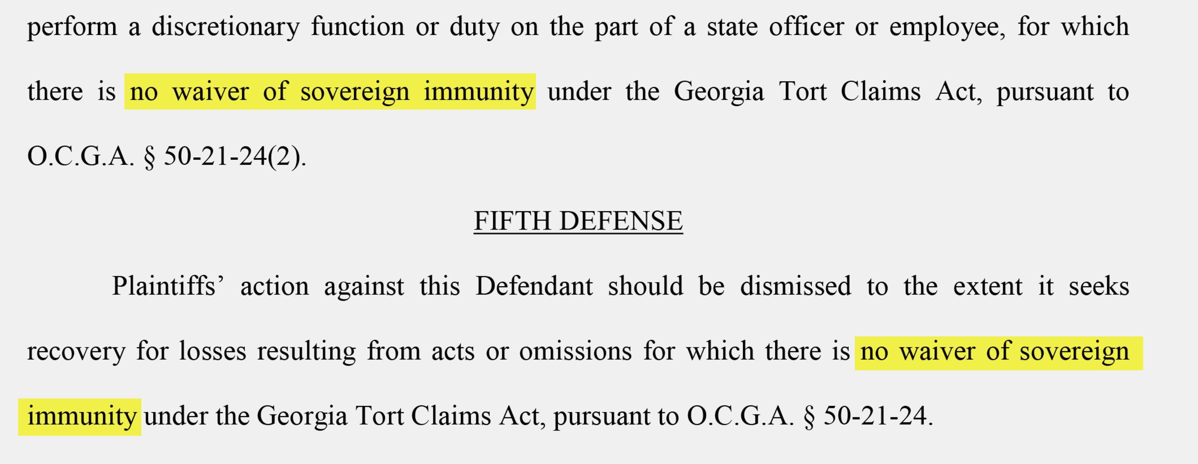 The Georgia Department of Public Safety cited sovereign immunity several times while outlining its defense in the lawsuit brought on by Jimmy Shackelford. (Clerk of Superior Court Baldwin County)
