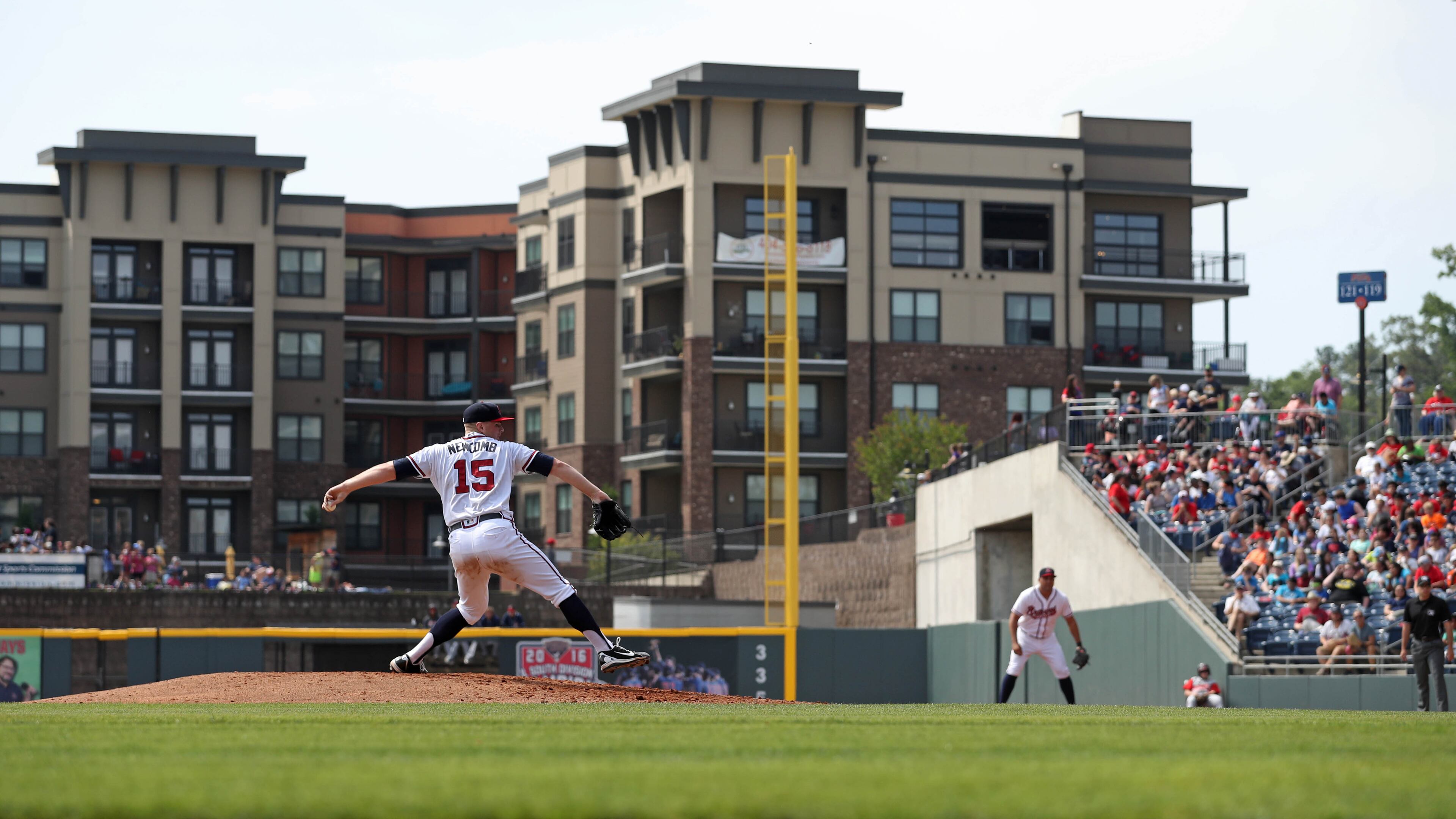 May 11, 2017 - Lawrenceville, Ga: Gwinnett Braves starting pitcher Sean Newcomb (15) delivers a pitch to a Toledo Mud Hens batter during their game at Coolray Field Thursday, May 11, 2017, in Lawrenceville, Ga. PHOTO / JASON GETZ