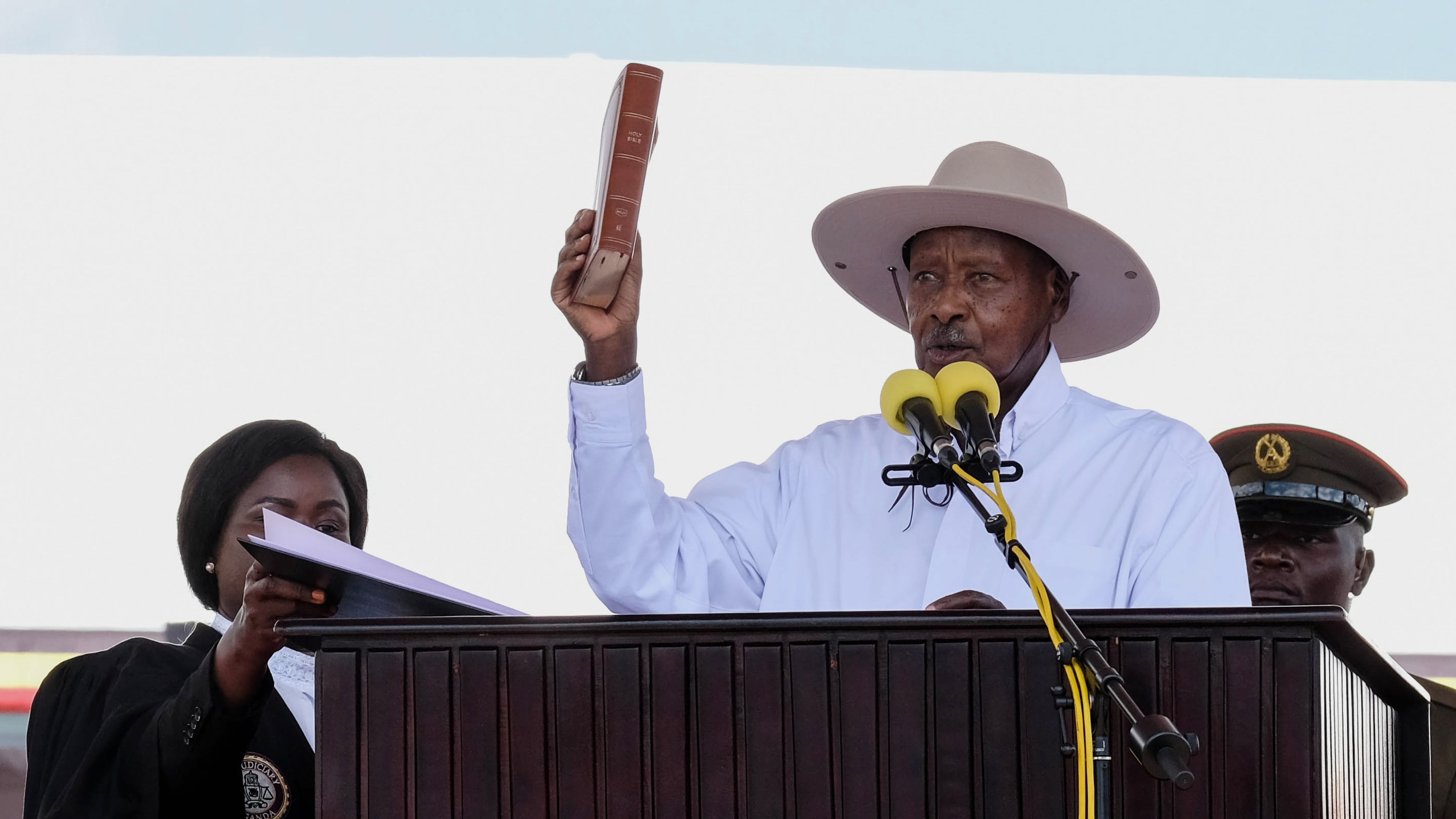 Uganda's long-time president Yoweri Museveni, 81, takes an oath of office during the inauguration ceremony for a seventh consecutive five-year term, in Kampala, Uganda, Tuesday, May 12, 2026. (AP Photo/Hajarah Nalwadda )
