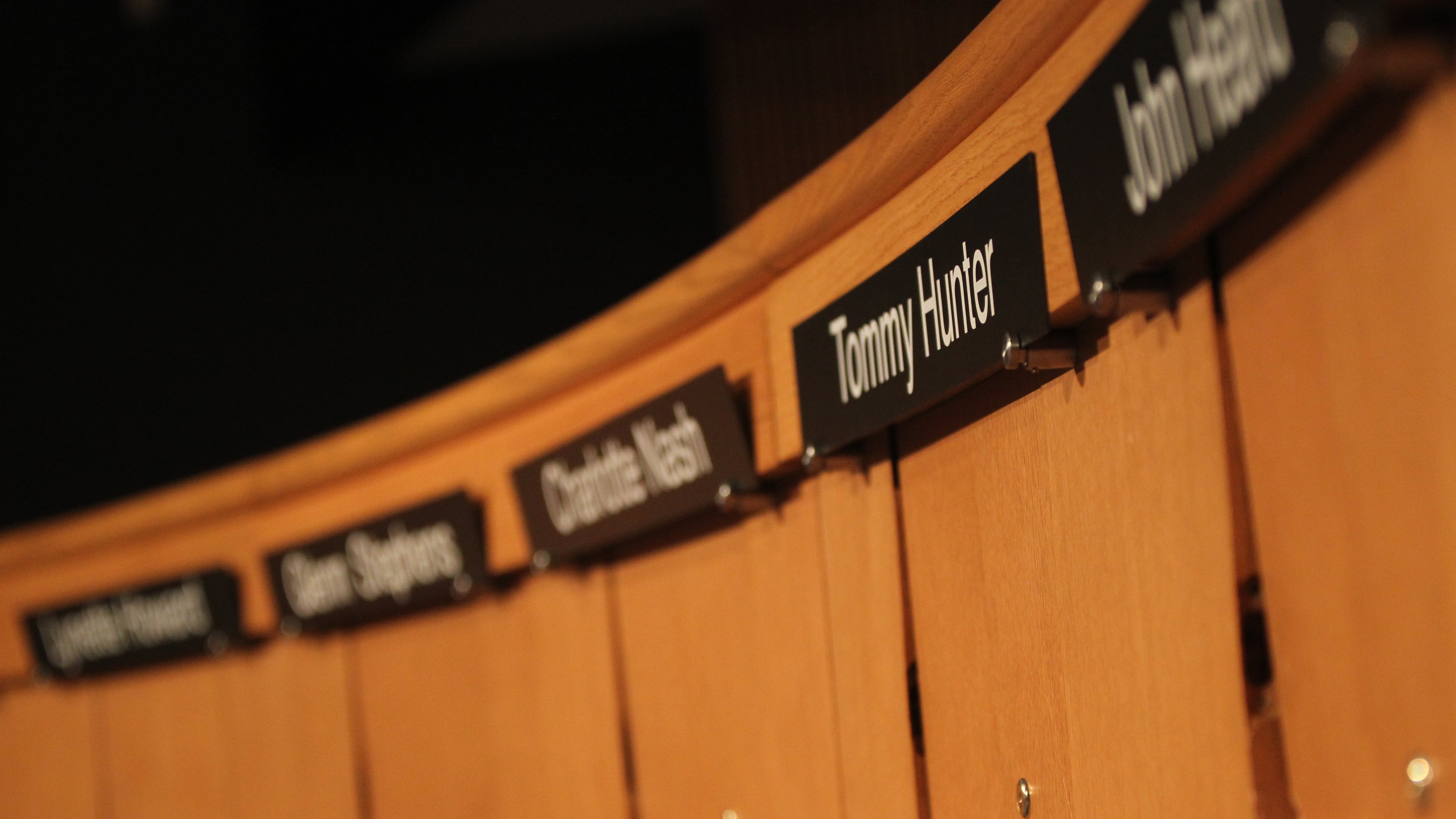 January 17, 2017, Atlanta - The array of names on the front of the round desk in the Gwinnett County Justice Department’s auditorium in Atlanta, Georgia, on Tuesday, January 17, 2017. (HENRY TAYLOR / HENRY.TAYLOR@AJC.COM)