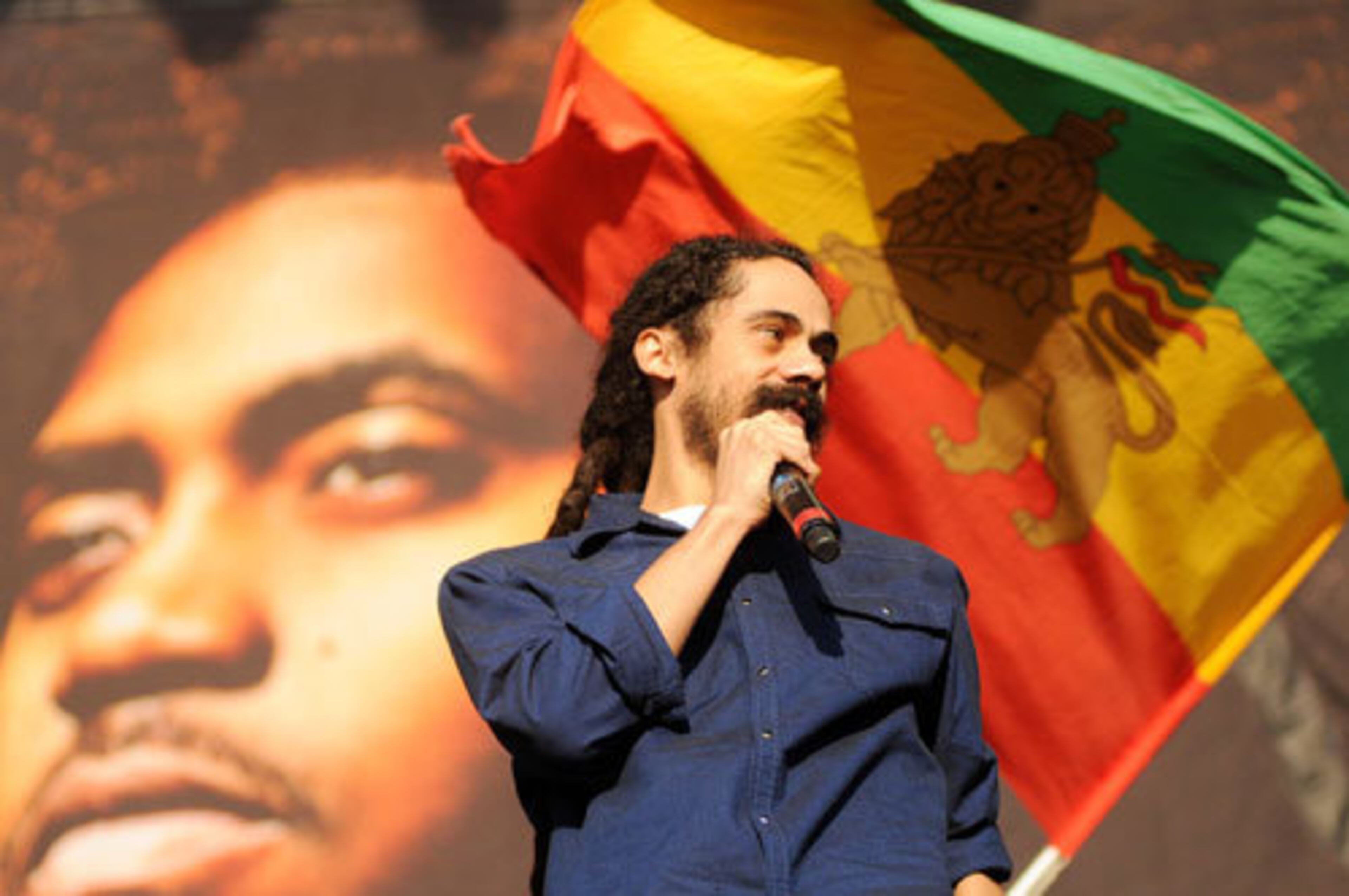 Reggae artist Damian "Jr Gong" Marley performs with rapper Nas (not pictured) at the Austin City Limits Festival.