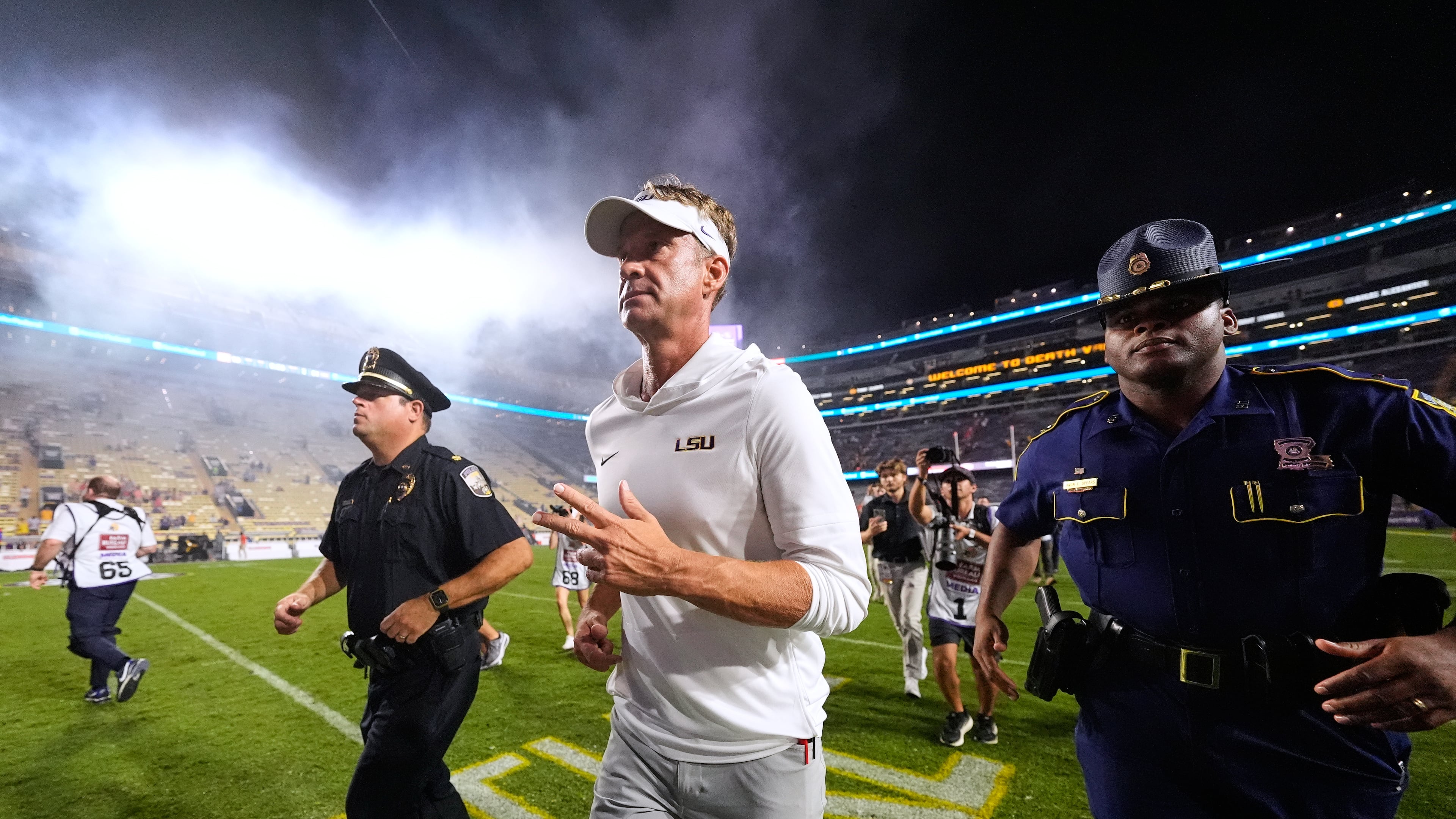 LSU coach Lane Kiffin runs off the field after the Tigers beat Clemson 51-10 on Saturday, Sept. 6, 2026 in Baton Rouge, La. (Gerald Herbert/AP)