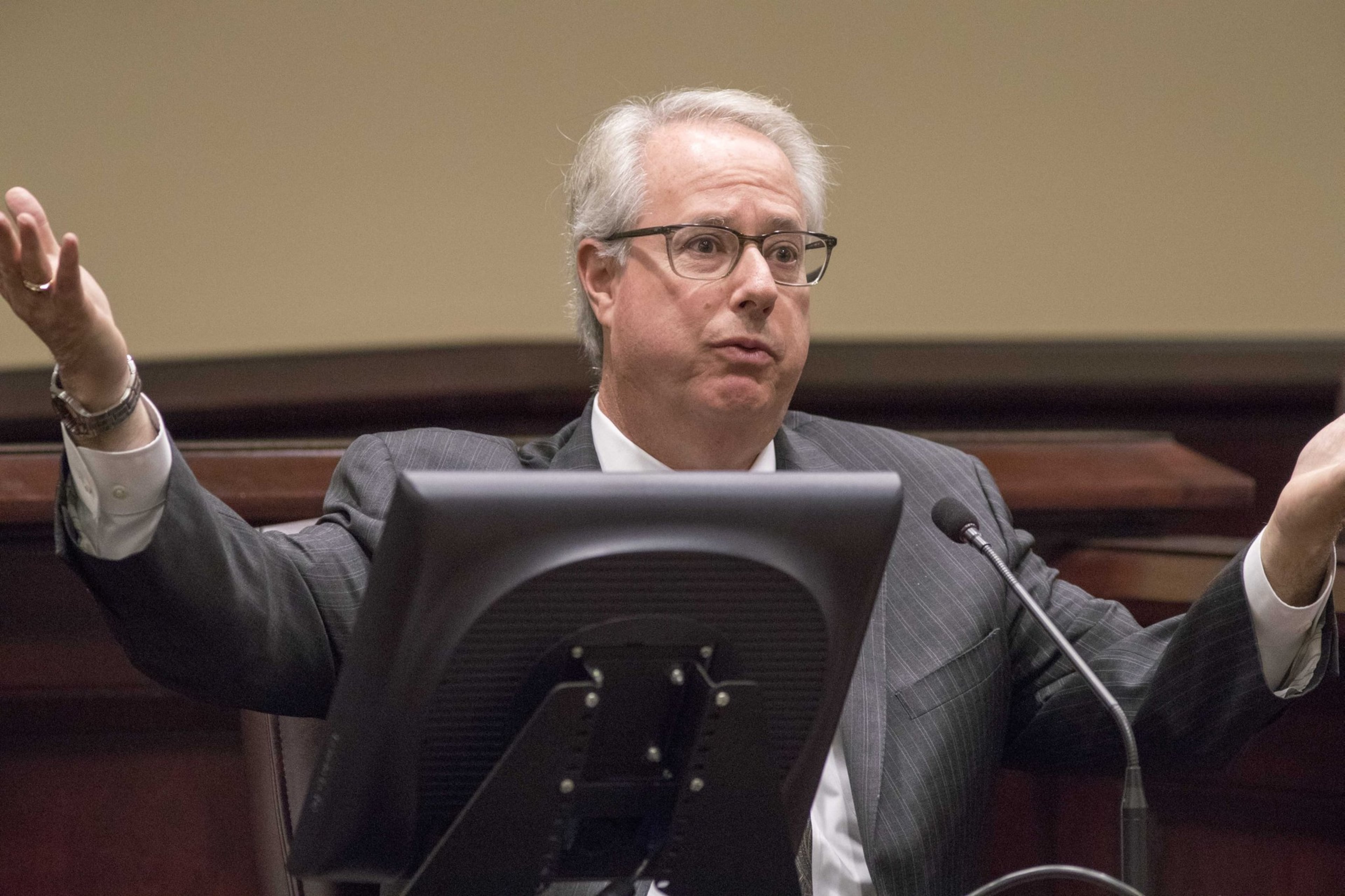 Sam Olens, president of Kennesaw State University and former Georgia attorney general, testifies Thursday, Nov. 30, 2017, at the trial of citizen-journalist Nydia Tisdale in Dawson Superior Court.