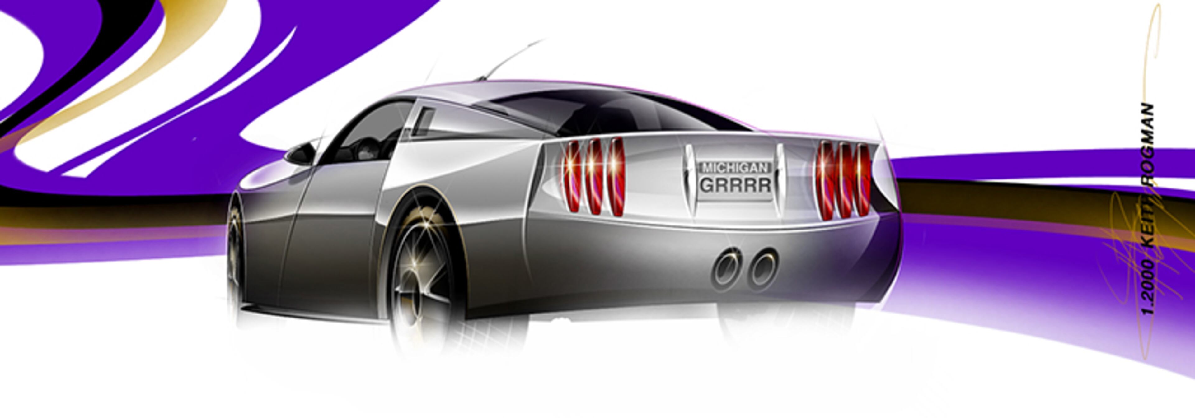 Here we see one of numerous sketches that incorporate the “New Edge” design language Ford used in the late-1990s and early-2000s. The concave rear fascia and tri-bar taillamps are strongly reminiscent of the 1969 Mustang tail although the rest of the lines are much more modern.