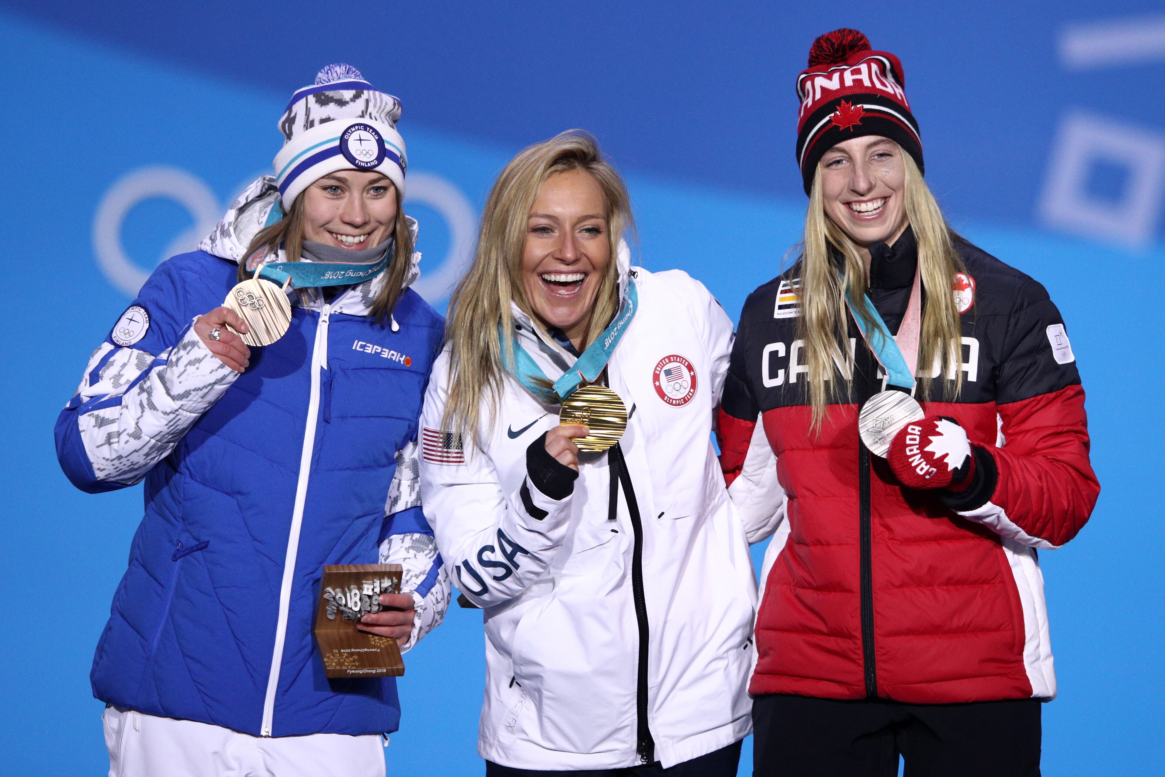 PYEONGCHANG-GUN, SOUTH KOREA - FEBRUARY 12: (L-R) Bronze medalist Enni Rukajarvi of Finland, gold medalist Jamie Anderson of the United States and Silver medalist Laurie Blouin of Canada pose during the victory ceremony for the Snowboard Ladies' Slopestyle Final during the medal ceremony for Snowboard Ladies' Slopestyle at Medal Plaza on February 12, 2018 in Pyeongchang-gun, South Korea. (Photo by Adam Pretty/Getty Images)