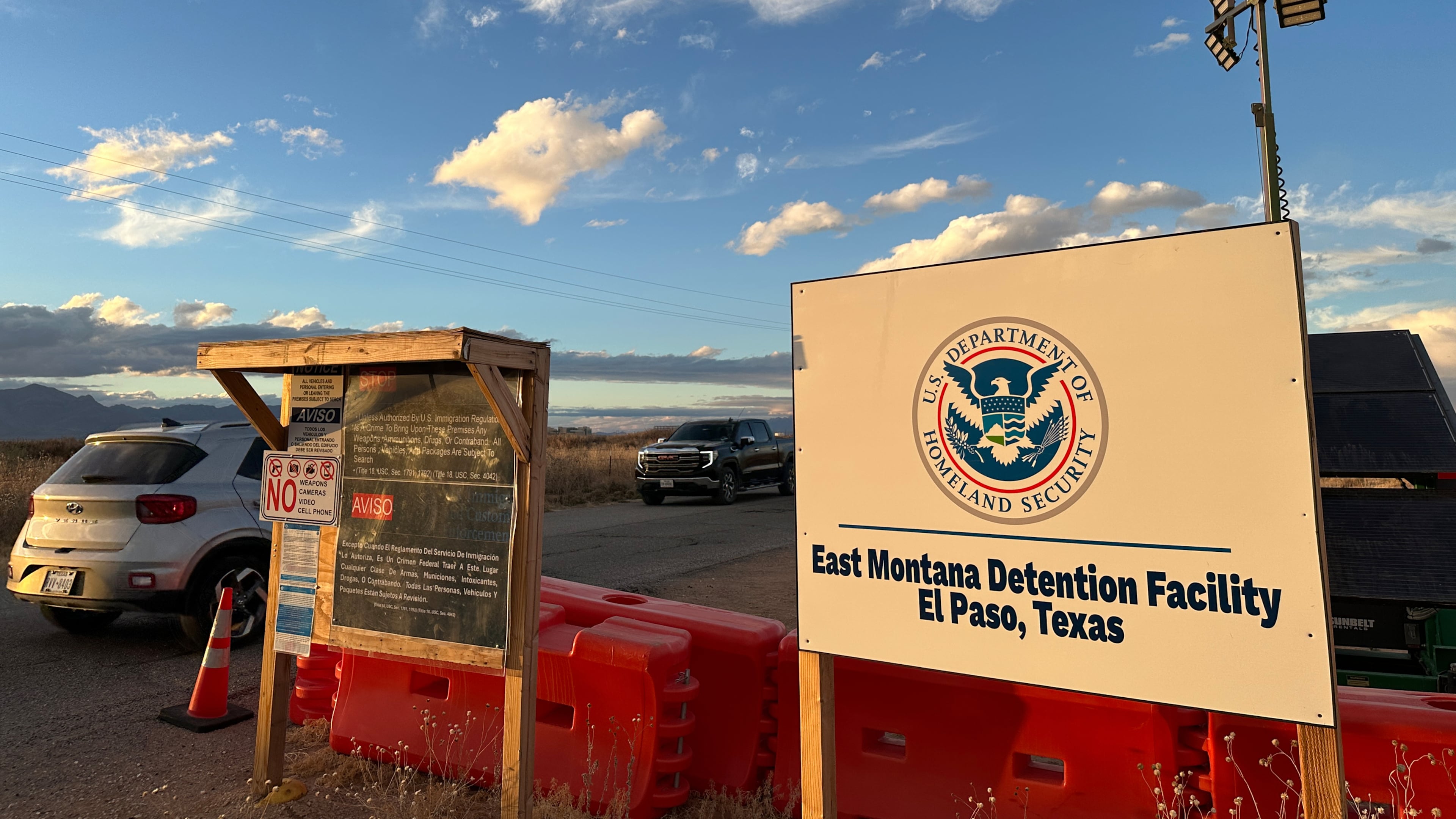 FILE - A sign marks the entrance to a series of hardened tents at the Camp East Montana immigrant detention center in the desert at a U.S. Army base on the outskirts of El Paso, Texas, Feb. 13, 2026. (AP Photo/Morgan Lee, File)
