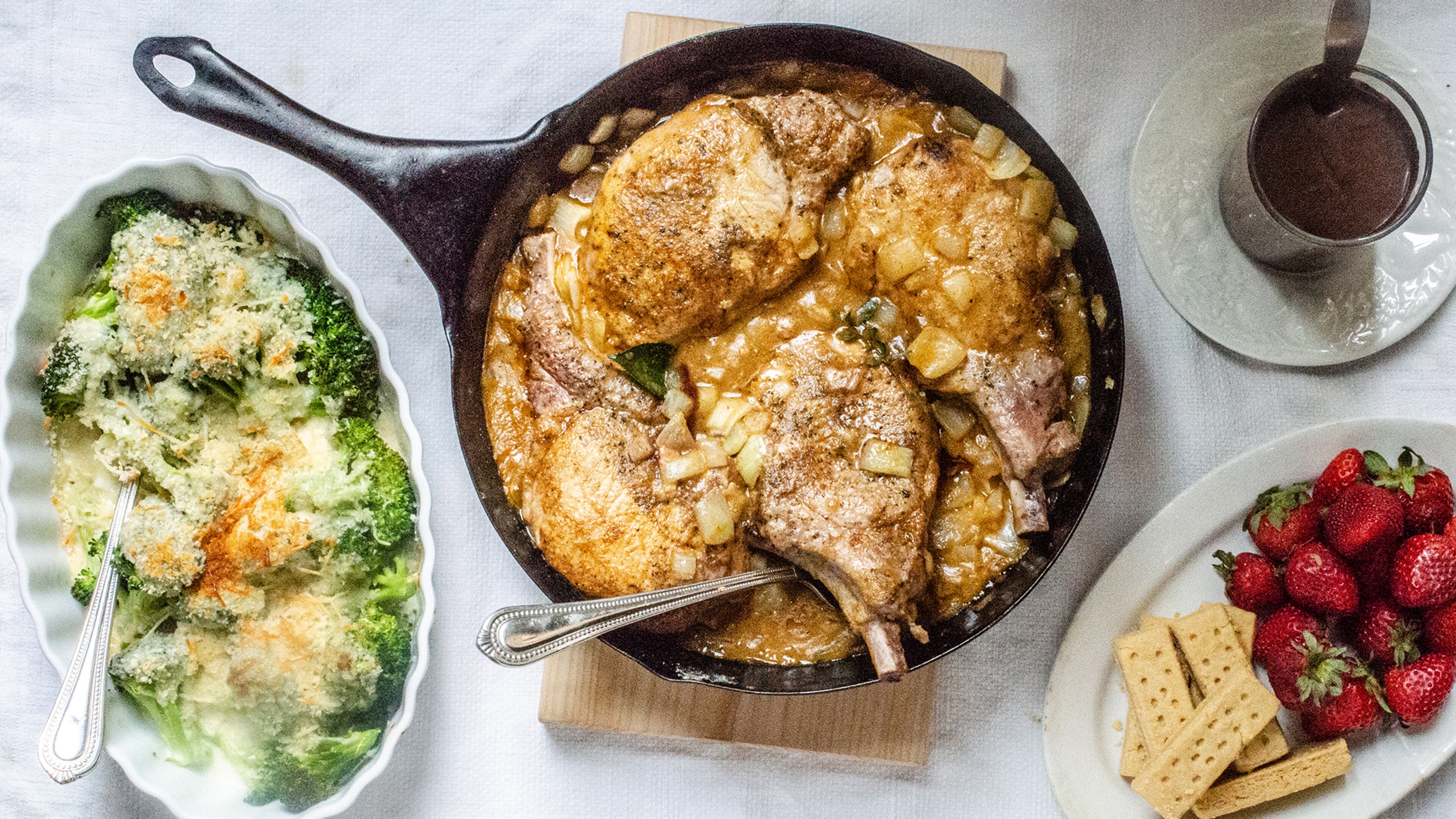 From left: Broccoli Casserole with Sauce Mornay, Pork Chops with Onion Gravy, and Chocolate Ganache
(Virginia Willis for The Atlanta Journal-Constitution)
