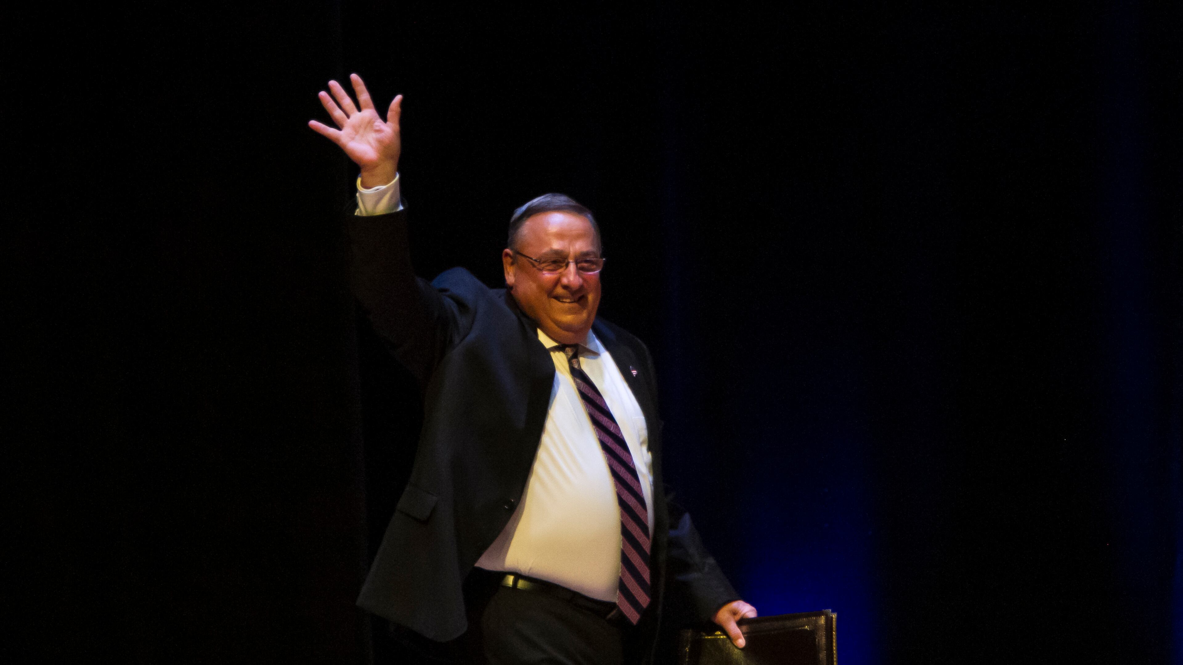 PORTLAND, ME - AUGUST 04: Maine Governor Paul LePage, (R), greets the crowd before Republican Presidential candidate Donald Trump speaks at the Merrill Auditorium on August 4, 2016 in Portland, Maine. (Photo by Sarah Rice/Getty Images)