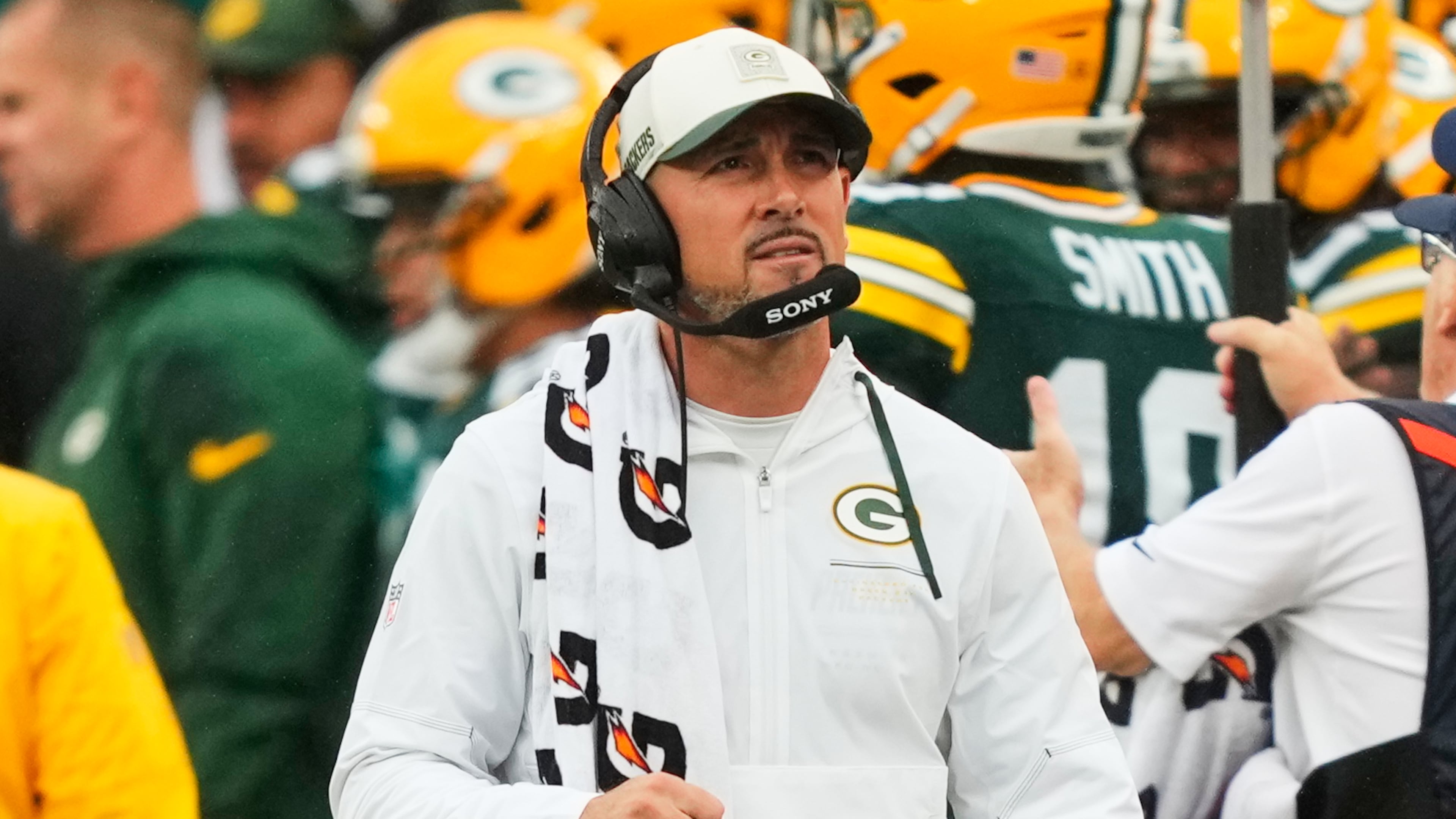 Green Bay Packers head coach Matt LaFleur looks on during an NFL football game against the New York Jets in East Rutherford, N.J., Sunday, Sept. 20, 2026. (AP Photo/Yuki Iwamura)