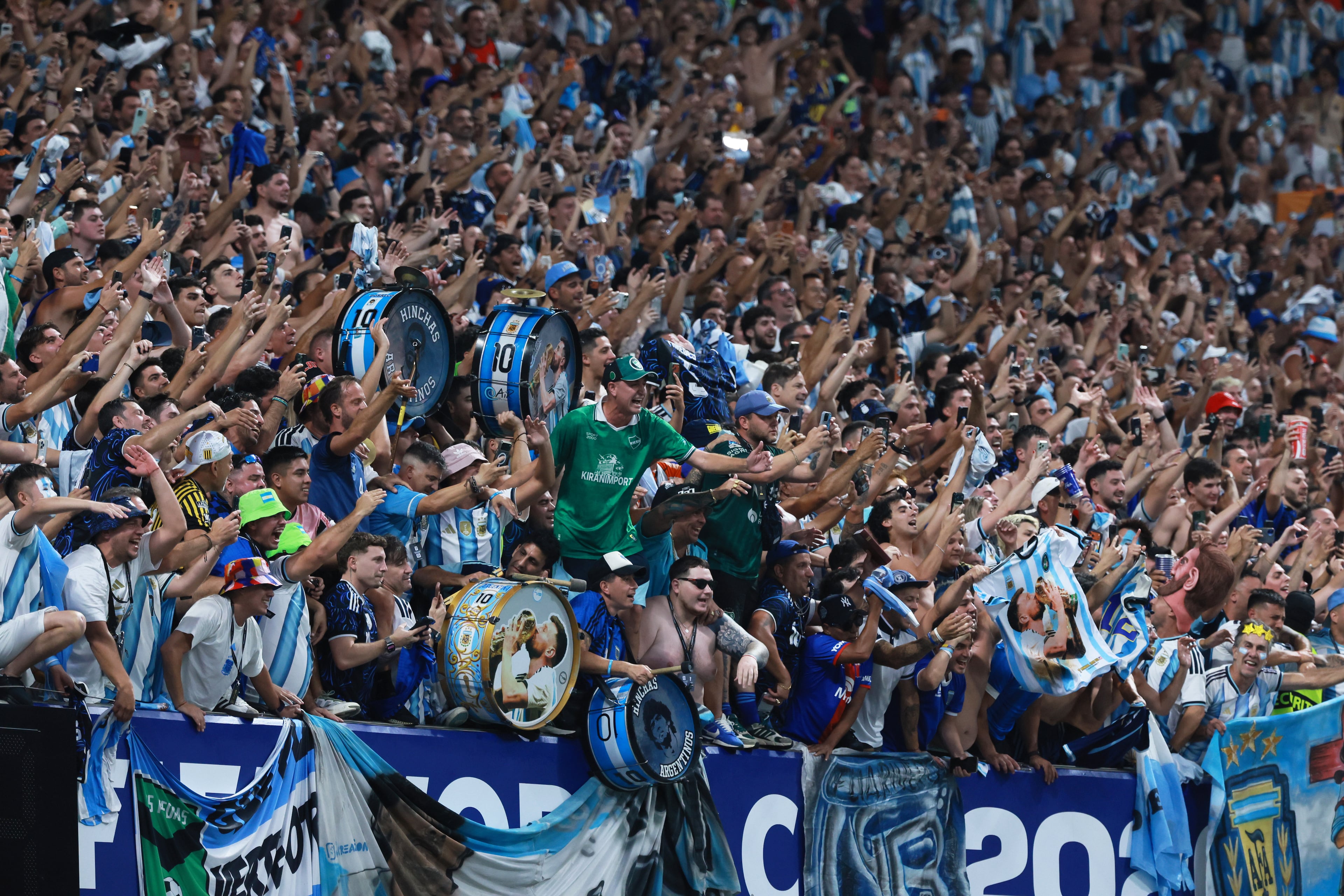 Argentina fans celebrate victory over England at FIFA World Cup Semifinal match at Atlanta Stadium (Mercedes-Benz Stadium) on Wednesday, July 15, 2026. (Jason Getz/AJC)