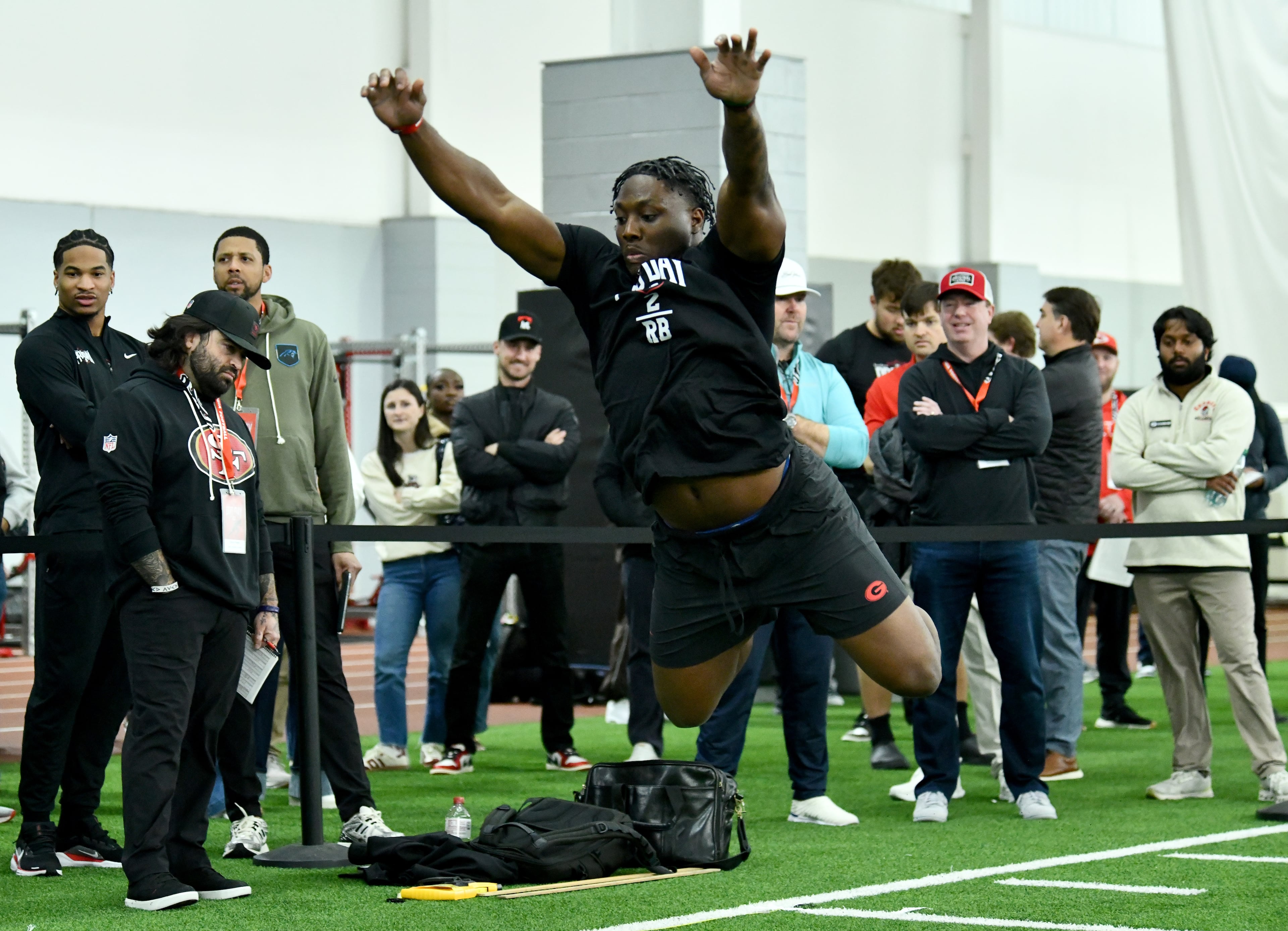 Georgia running back Josh McCray works on broad jump during Georgia's NFL Pro Day at Payne Indoor Athletic Facility, Wednesday, March 18, 2026, in Athens. (Hyosub Shin/AJC)
