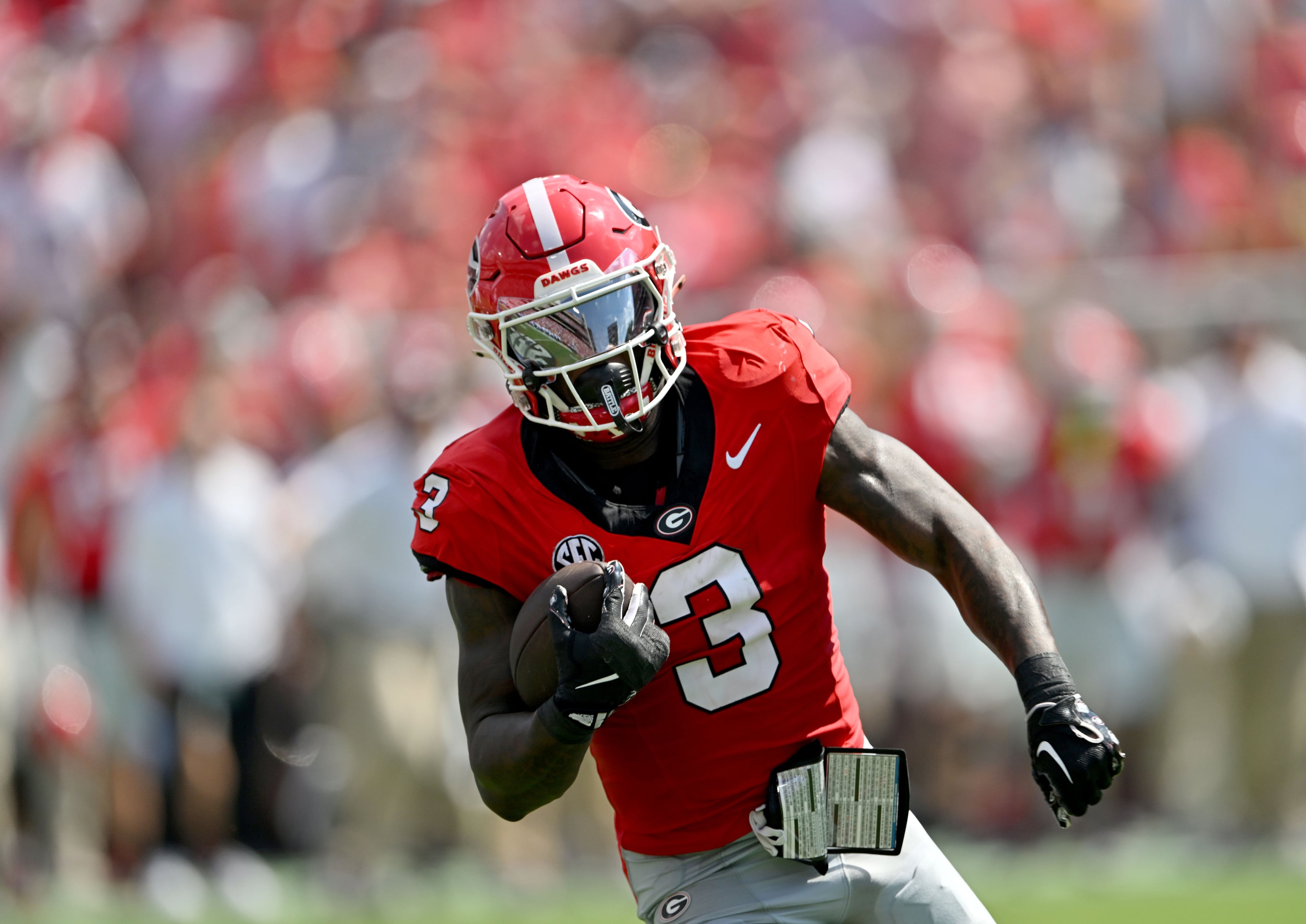 Georgia running back Nate Frazier runs for a touchdown during the first half in an NCAA football game vs. Tennessee State at Sanford Stadium on Saturday, Sept. 5, 2026, in Athens, Ga. (Hyosub Shin/AJC)