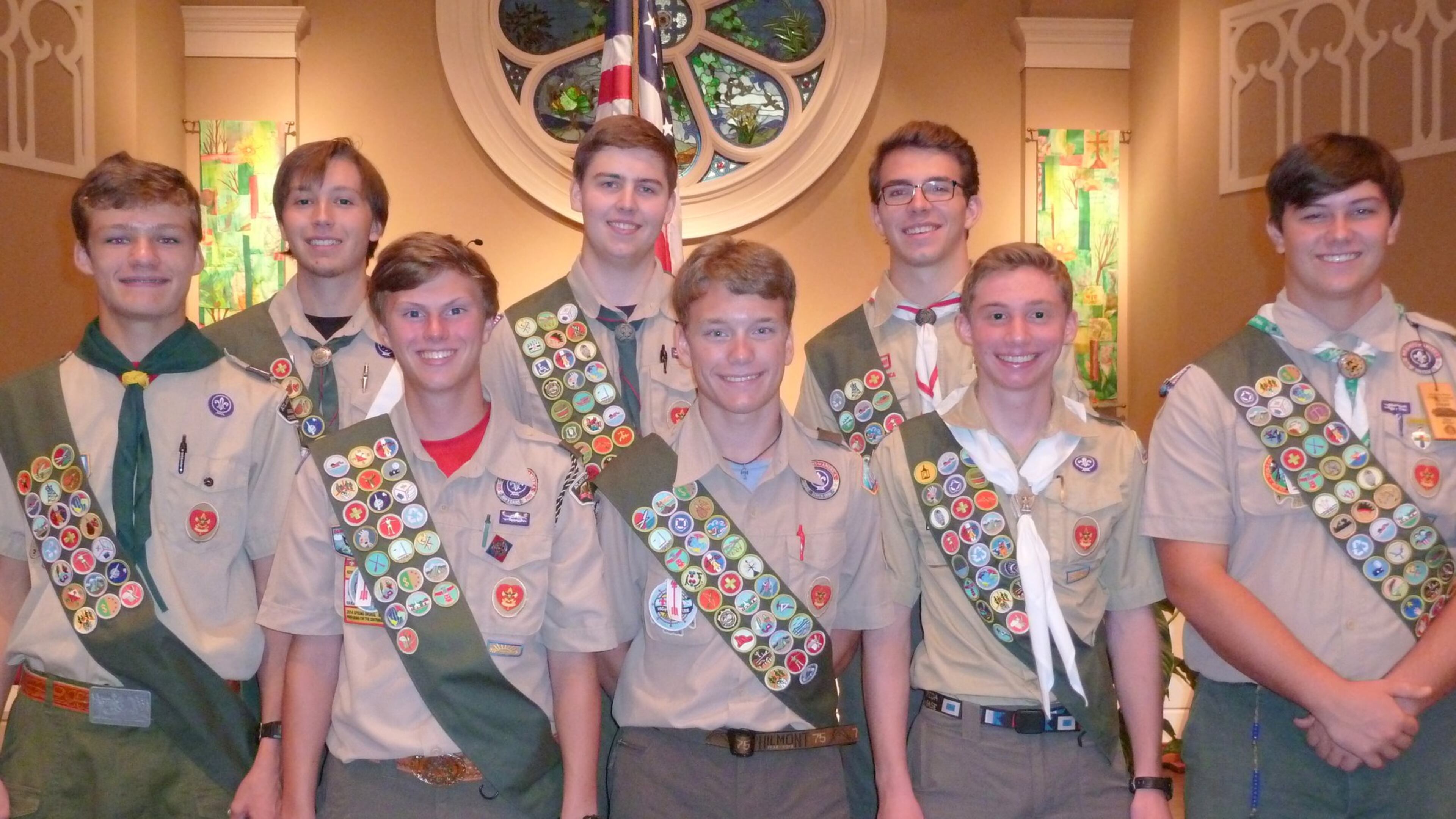 (Left to right) Jordan Minchew, William Buckingham, Brandon Semones, Jason Wahl and Cole Kibler of Johns Creek, Ryan Pepperman of Alpharetta, Nicholas Heydinger of Johns Creek and Kyle Brown of Alpharetta are now Eagle Scouts.