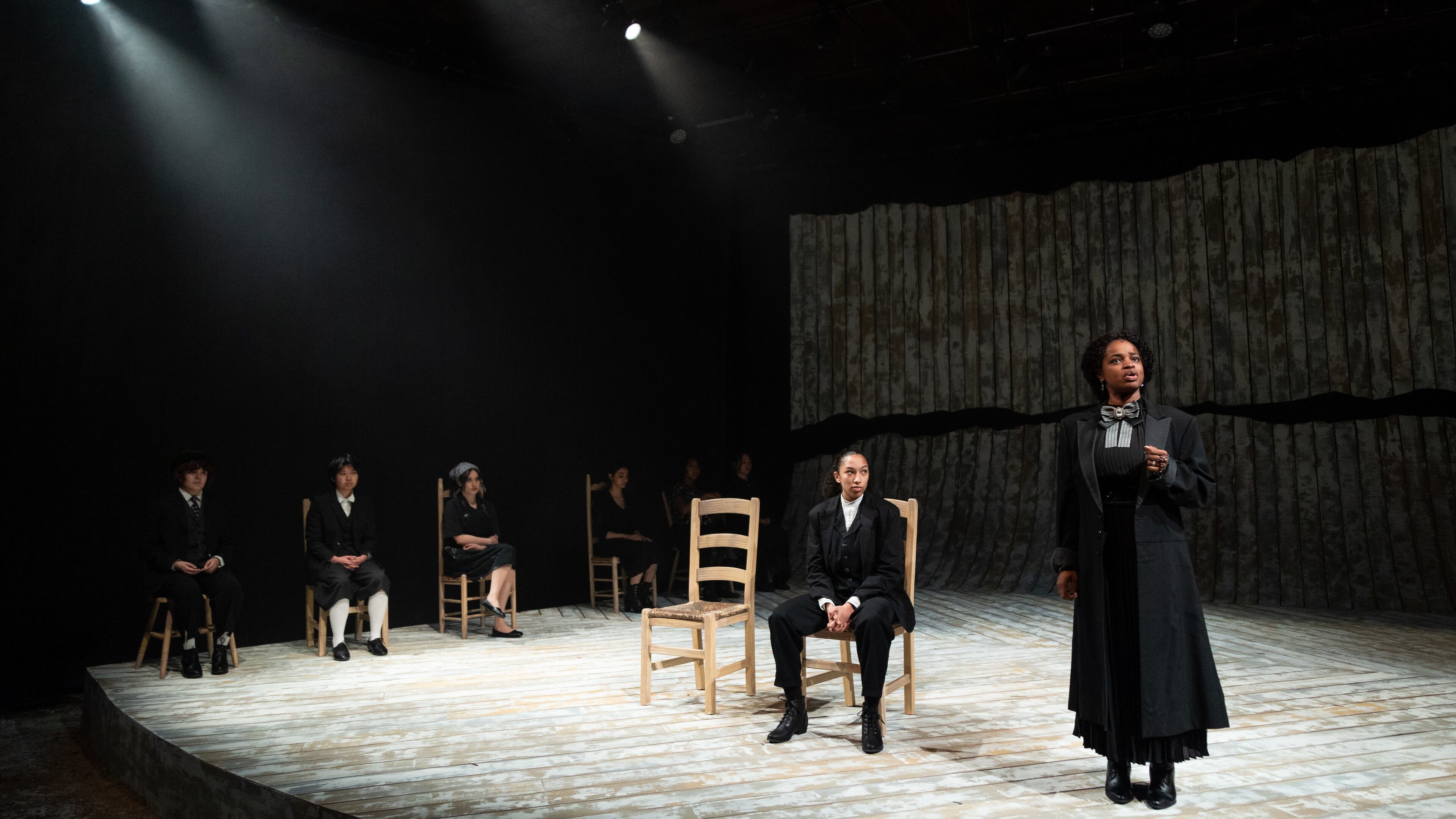 A mother (Dionna D. Davis, right) lectures her son (Ashley Alves, center) about the dangers of violence in Theatre Emory's "Blood Wedding."