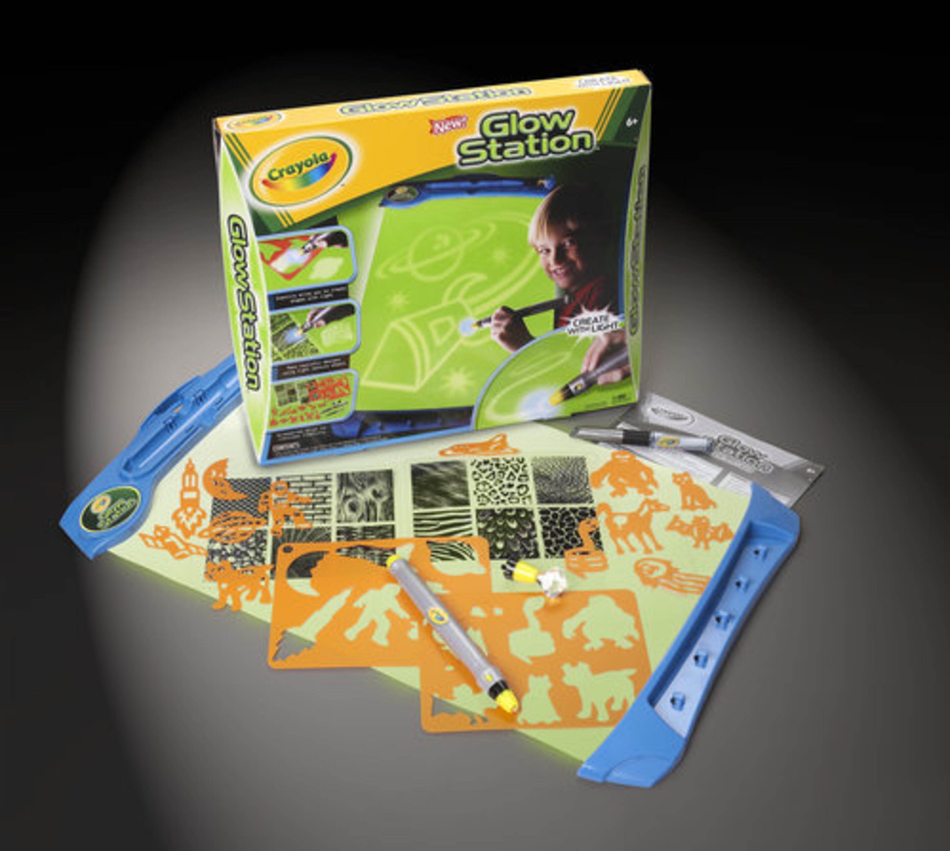 Crayola Glow Station: Kids take the light wand and put it to the glow canvas to create glow-in-the-dark artwork. They use stencils, texture sheets and other tools to enhance the illustrations. Or petite artists can draw with a dry-erase marker on acetate and use the light wand to transfer the image to the glow canvas. Price: $29.99.