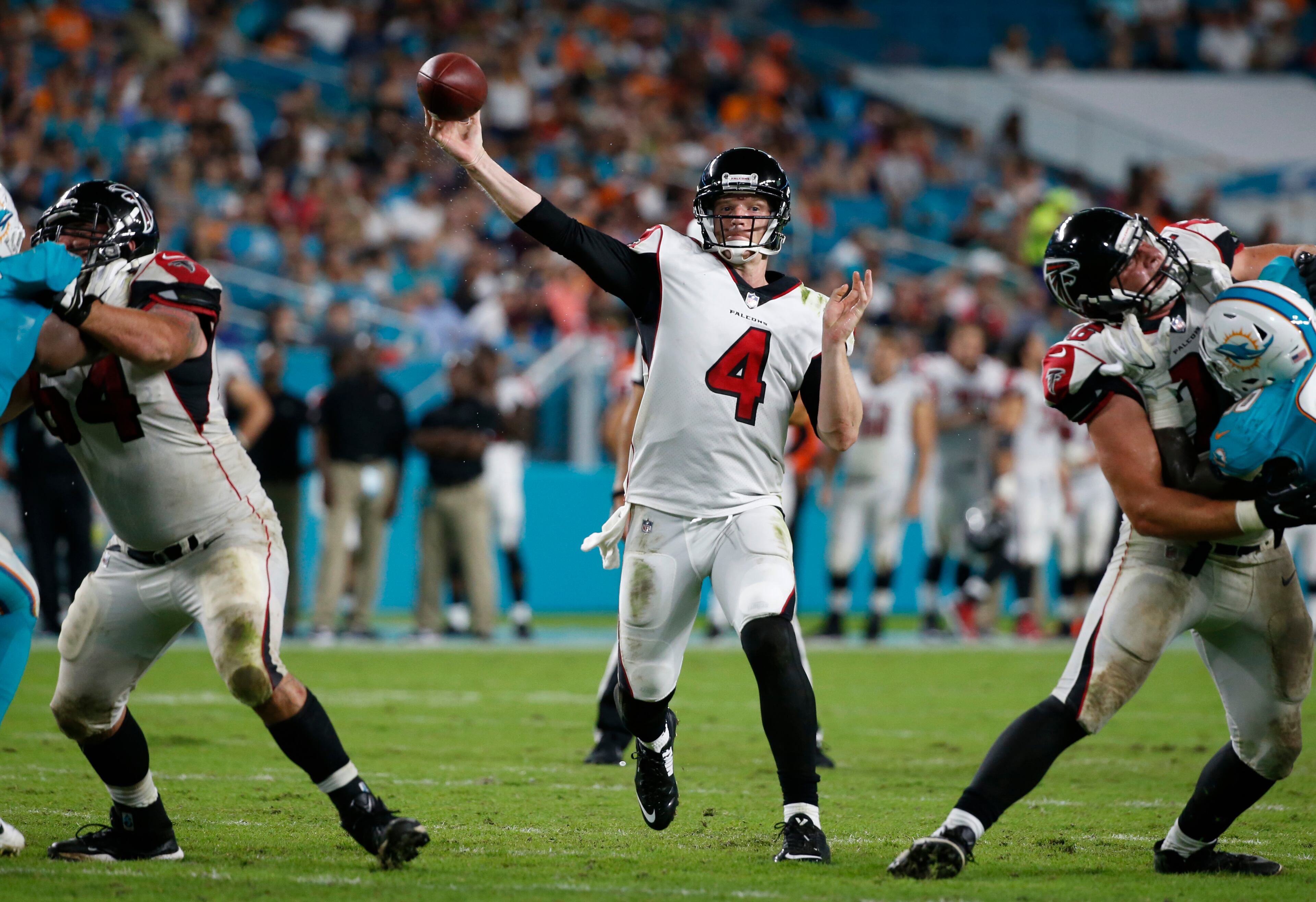 Atlanta Falcons quarterback Matt Simms (4) passes the ball, during the second half of an NFL preseason football game, Thursday, Aug. 10, 2017, in Miami Gardens, Fla. (AP Photo/Wilfredo Lee)
