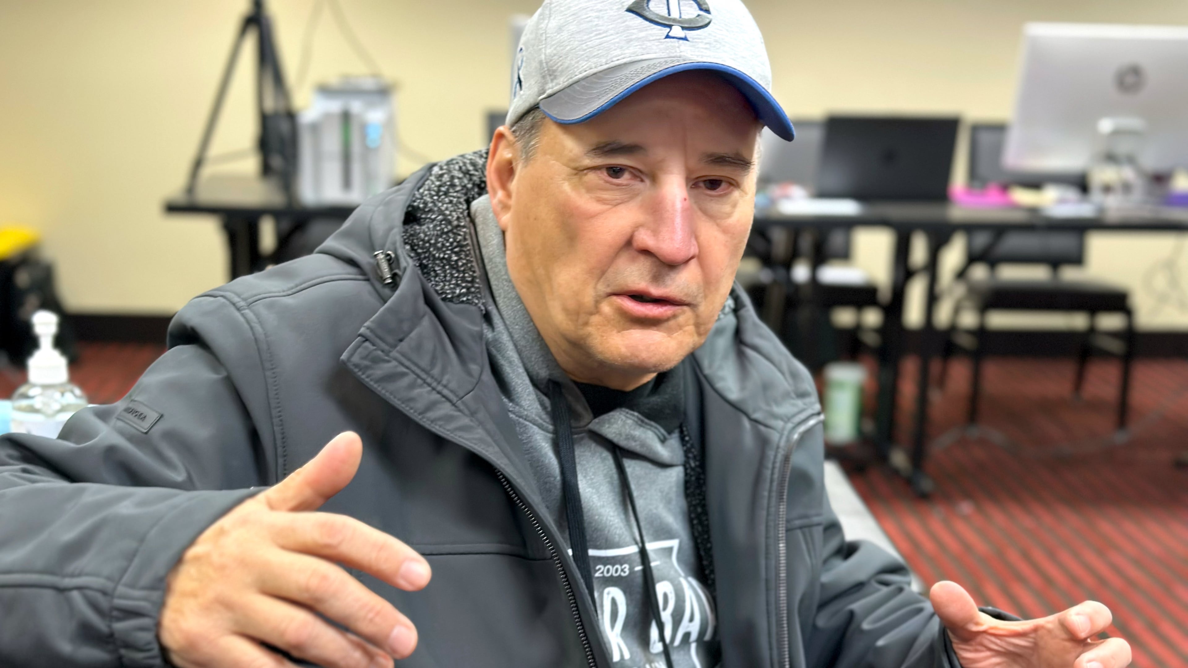 Faron Houle, a citizen of the Turtle Mountain Band of Chippewa, speaks about applying for a tribal identification card at a pop-up event in Minneapolis on Friday, Jan. 23, 2026. (Stewart Huntington/ICT via AP)