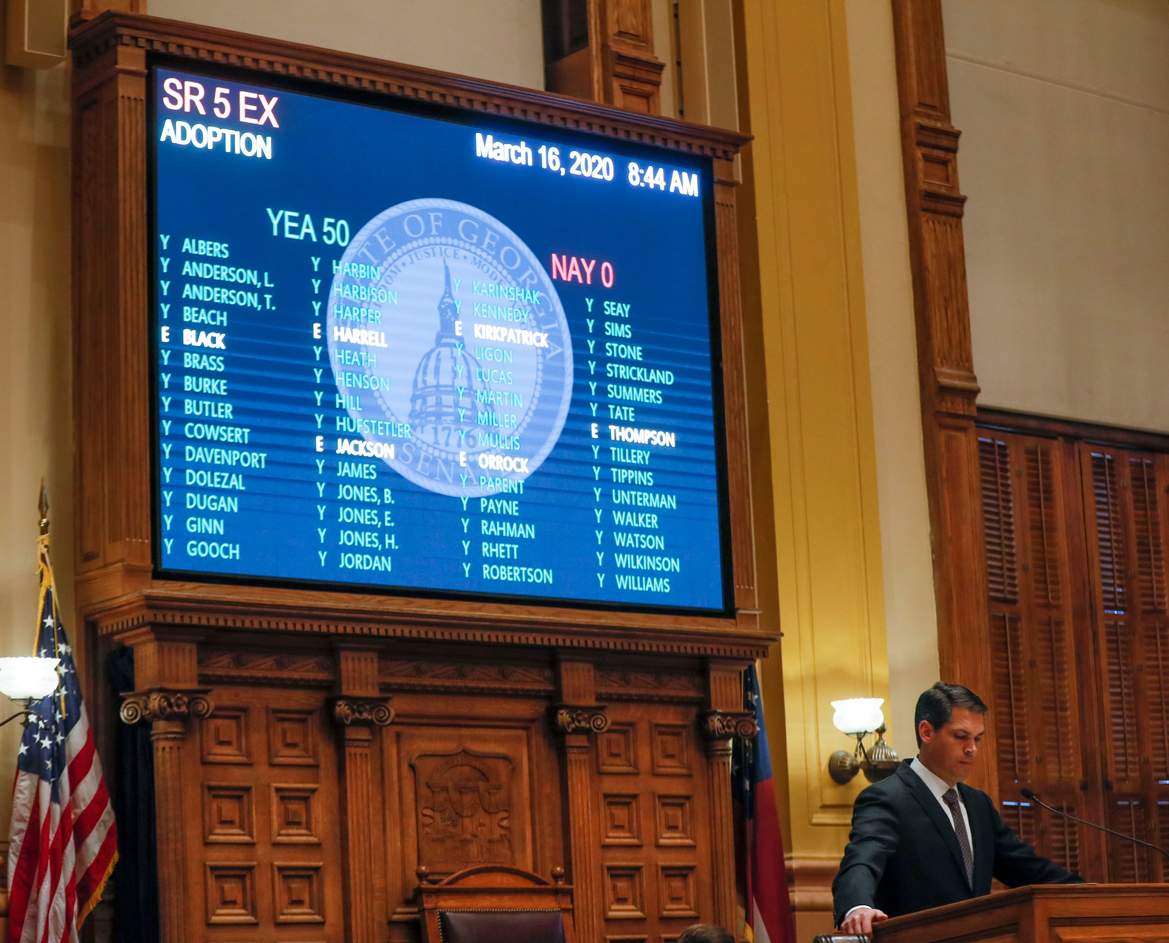 March 16, 2020 - Atlanta - The resolution passes in the senate. Georgia lawmakers gathered in an extraordinary special session on Monday and voted to grant Gov. Brian Kemp sweeping new powers to respond to the coronavirus pandemic. It's the first time in state history a governor has declared a public health emergency, and Kemp cast it as essential to deploy all available resources to contain a disease that's sickened dozens of Georgians and has killed one. Bob Andres / robert.andres@ajc.com