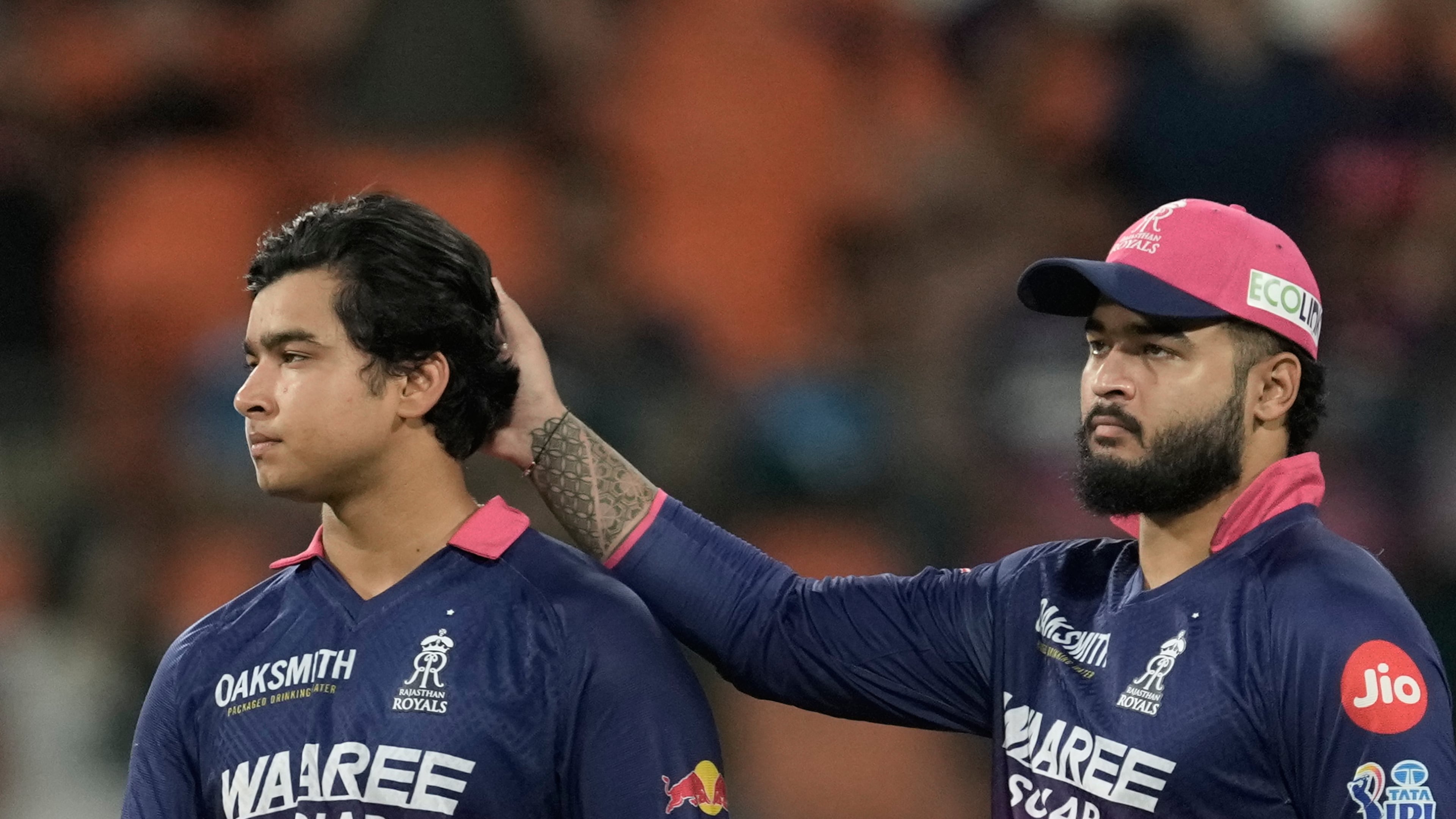 Rajasthan Royals' captain Riyan Parag consoles his teammate Vaibhav Sooryavanshi after Gujarat Titans won against Rajasthan Royals during the Indian Premier League cricket match in New Chandigarh, India, Friday, May 29, 2026. (AP Photo/Ashwini Bhatia)