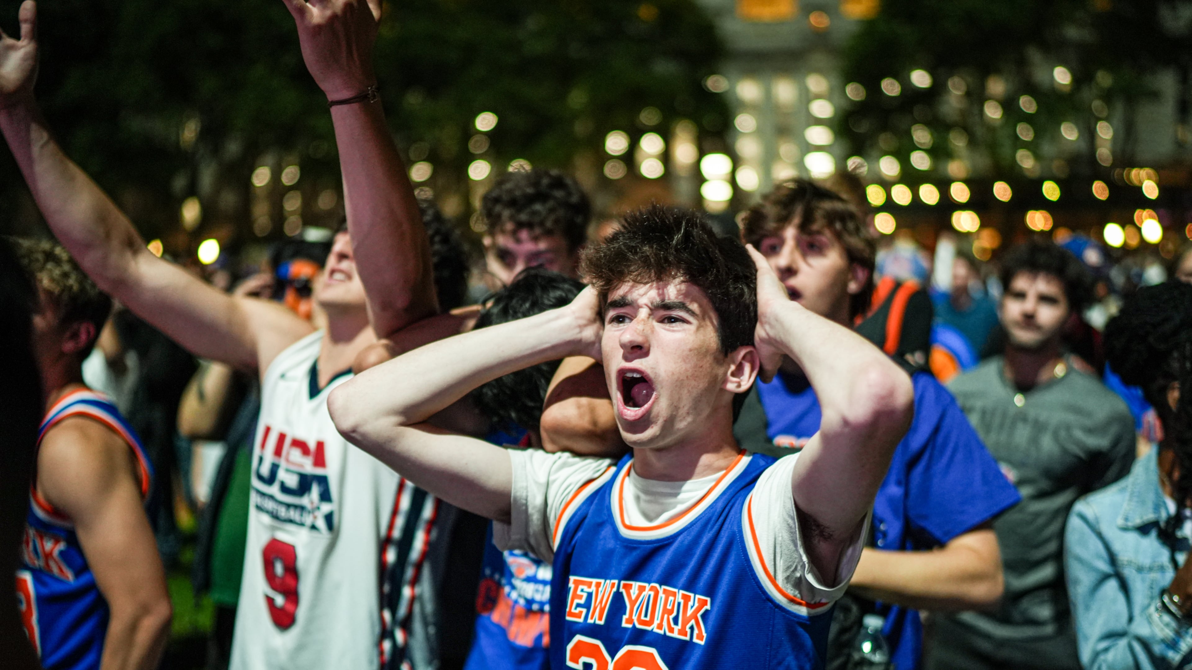 A New York Knicks fan cheers at a watch party during Game 3 of the NBA Finals basketball series between the Knicks and the San Antonio Spurs, Monday, June 8, 2026, in New York. (AP Photo/Ryan Murphy)
