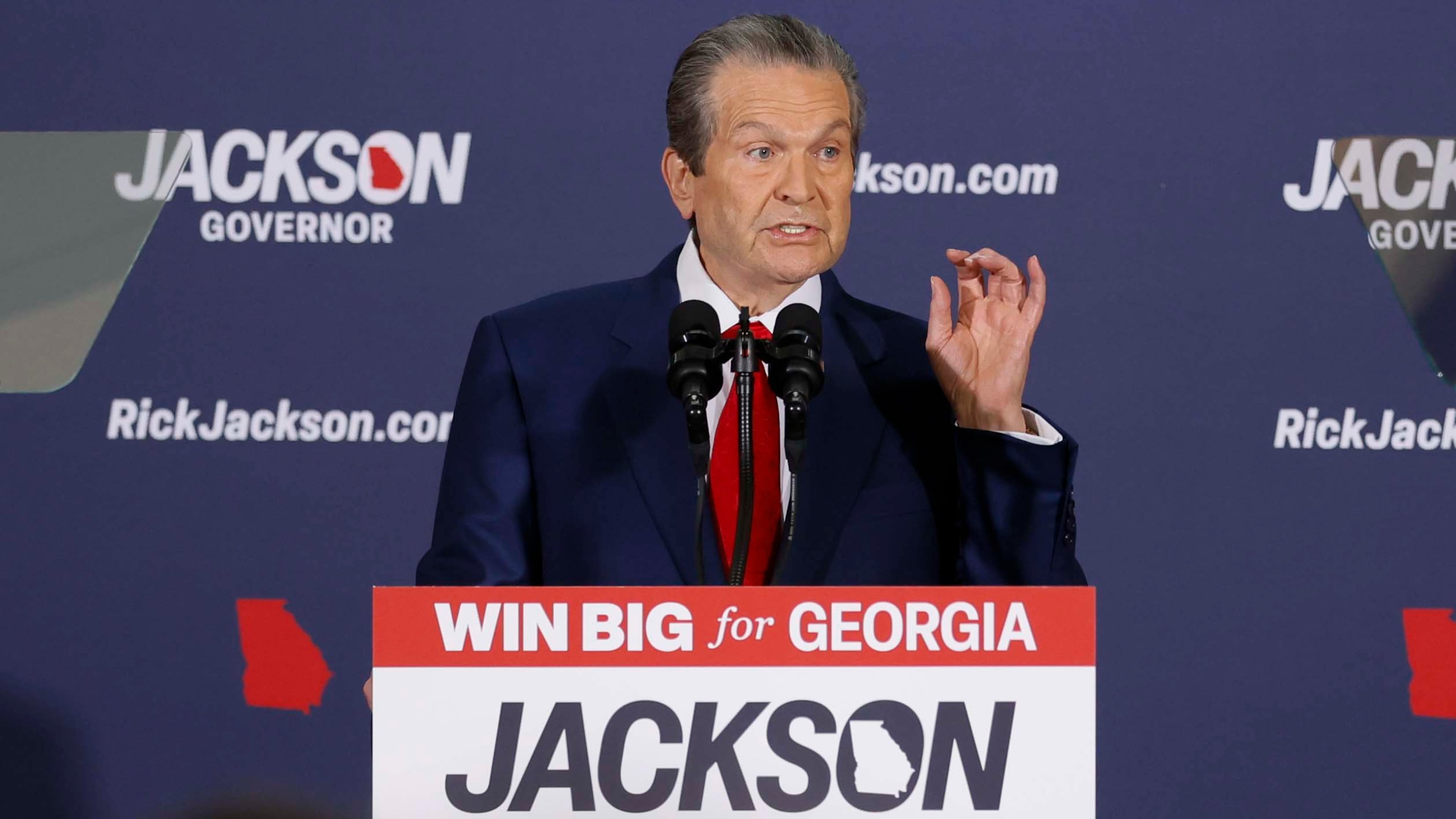 Rick Jackson addresses the crowd during his Georgia gubernatorial campaign kickoff speech at Jackson Healthcare in Alpharetta on Wednesday, Feb. 4, 2026. Jackson released a campaign launch video the day before, showcasing his journey from growing up in foster homes to becoming a billionaire, as well as letting viewers know he's a pro-Donald Trump, straight-shooting outsider with nothing to lose. (Miguel Martinez/AJC)