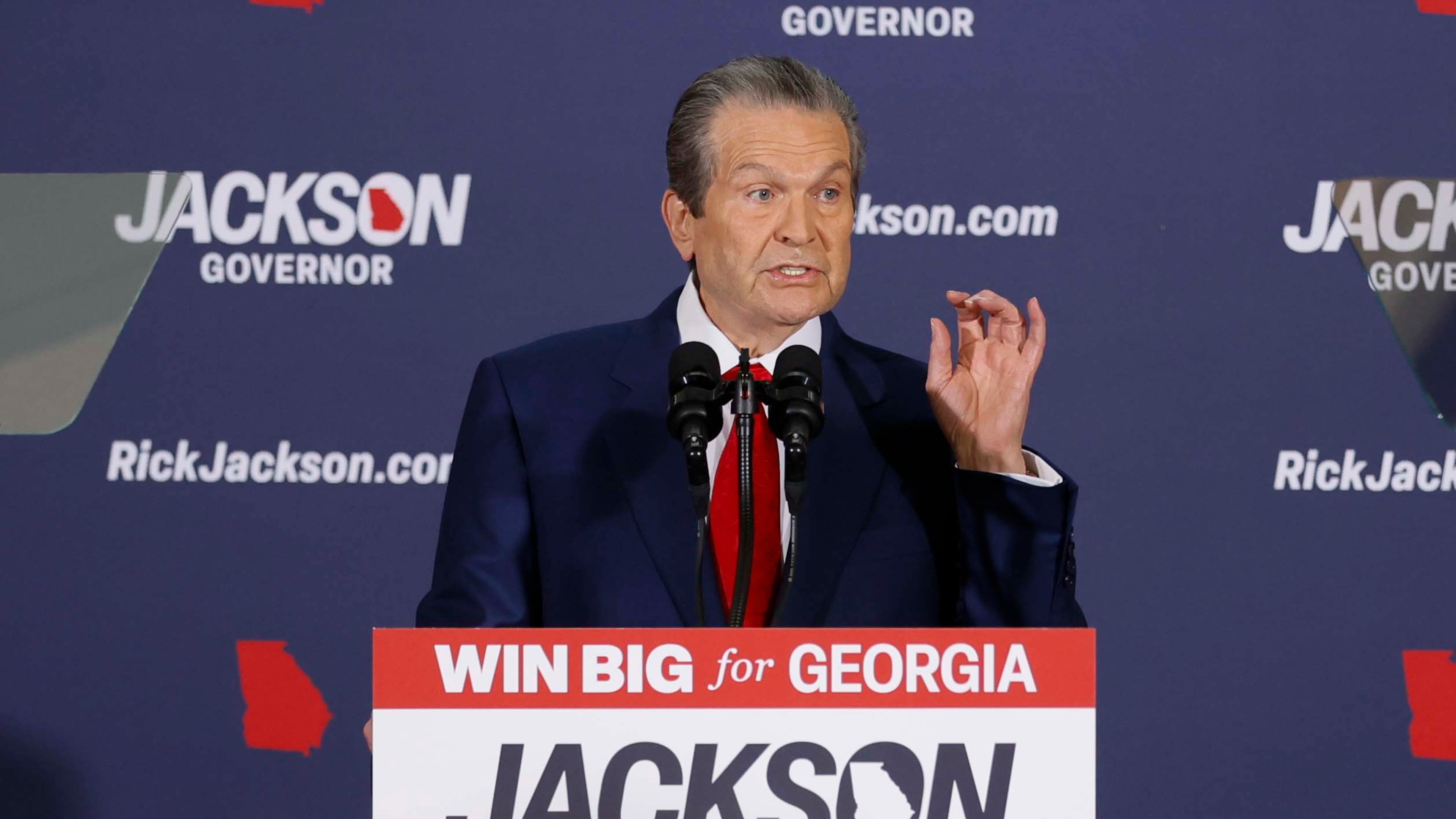 Rick Jackson kicked off his Republican candidacy for governor at Jackson Healthcare in Alpharetta on Wednesday. (Miguel Martinez/AJC)