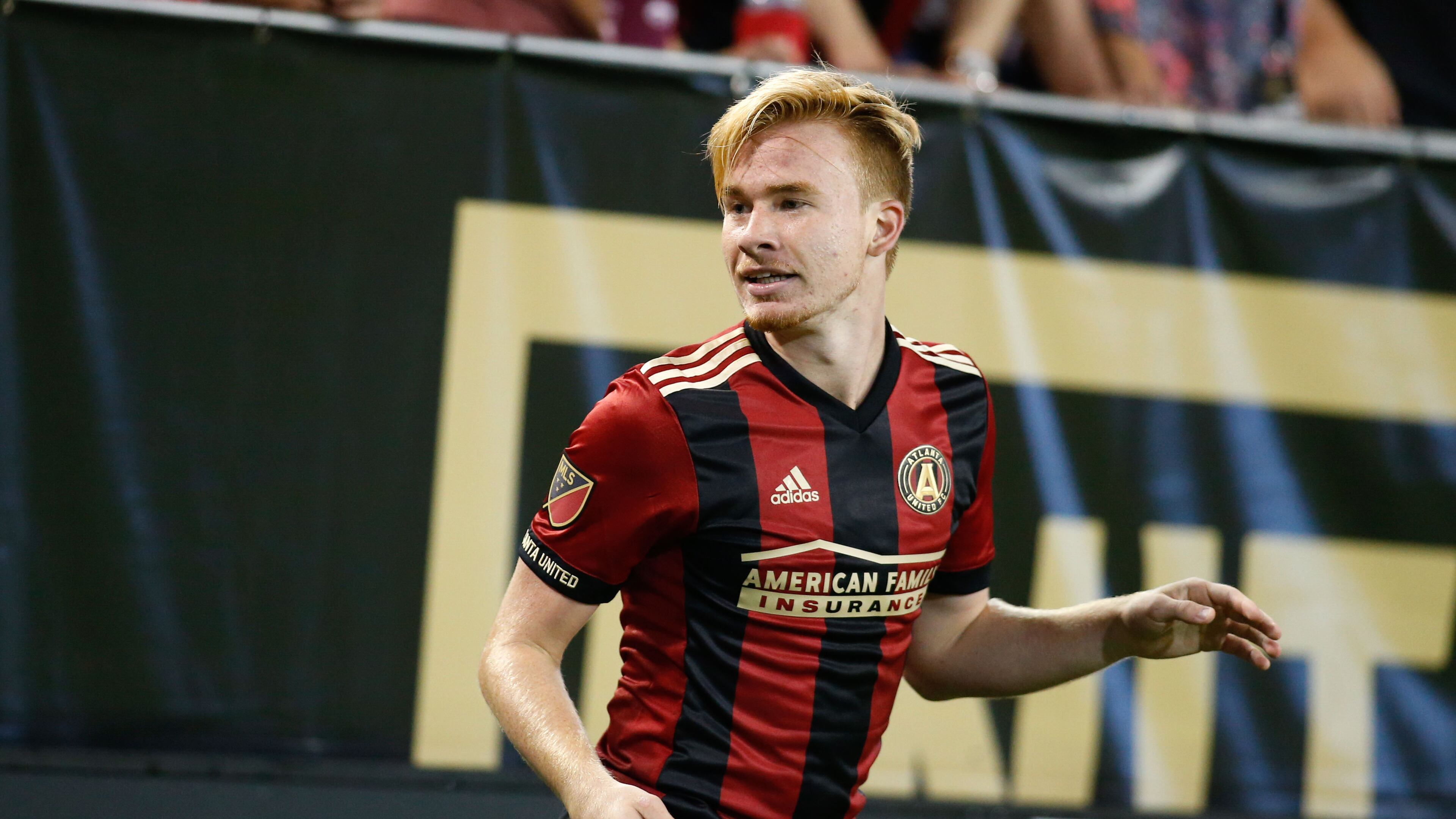 Atlanta United forward Andrew Carleton in action against the Houston Dynamo in the second half at Bobby Dodd Stadium at Historic Grant Field.