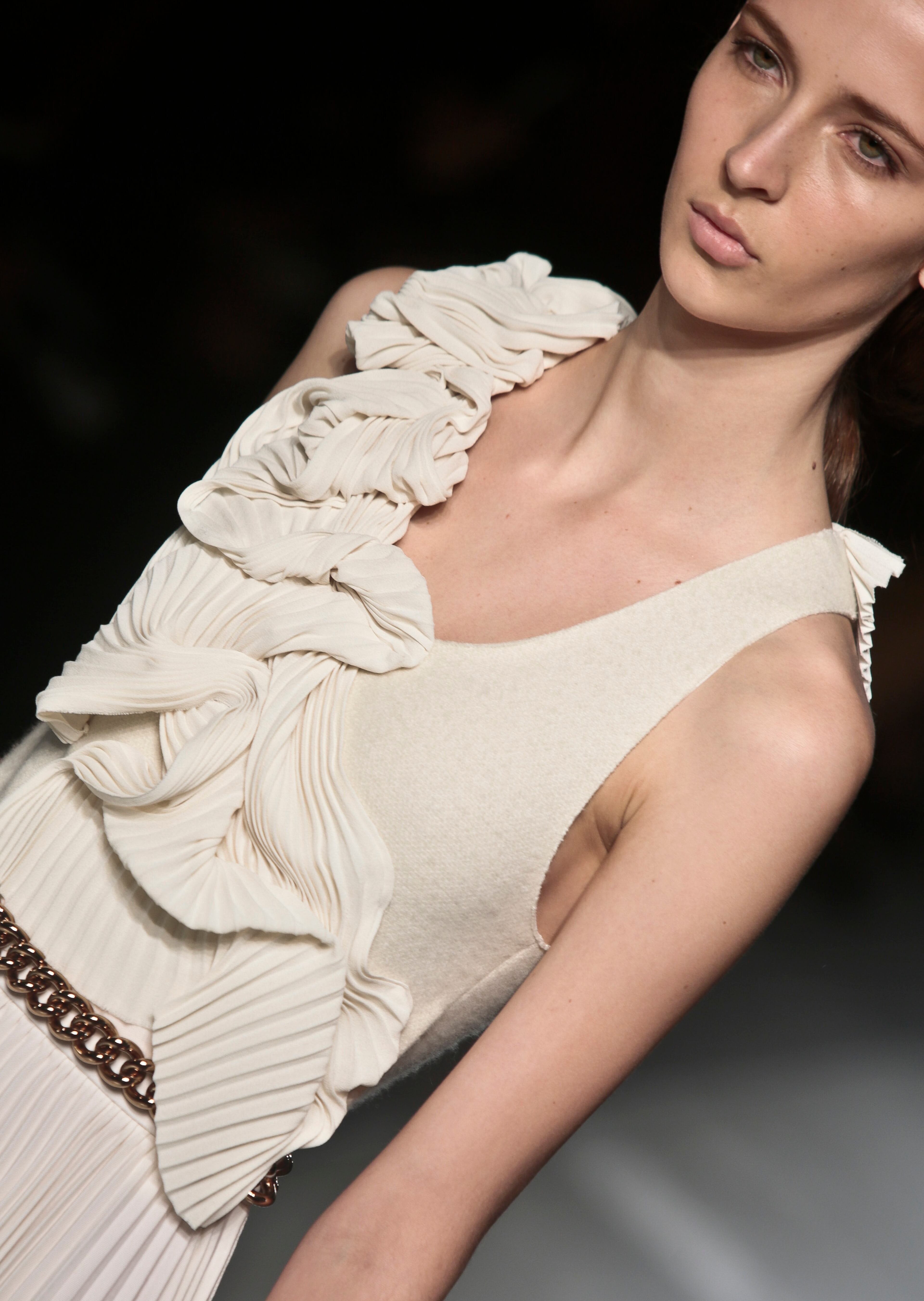 Fashion from the Victoria Beckham Fall 2014 collection is modeled, during New York Fashion Week on Sunday, Feb. 9, 2014. (AP Photo/Bebeto Matthews)