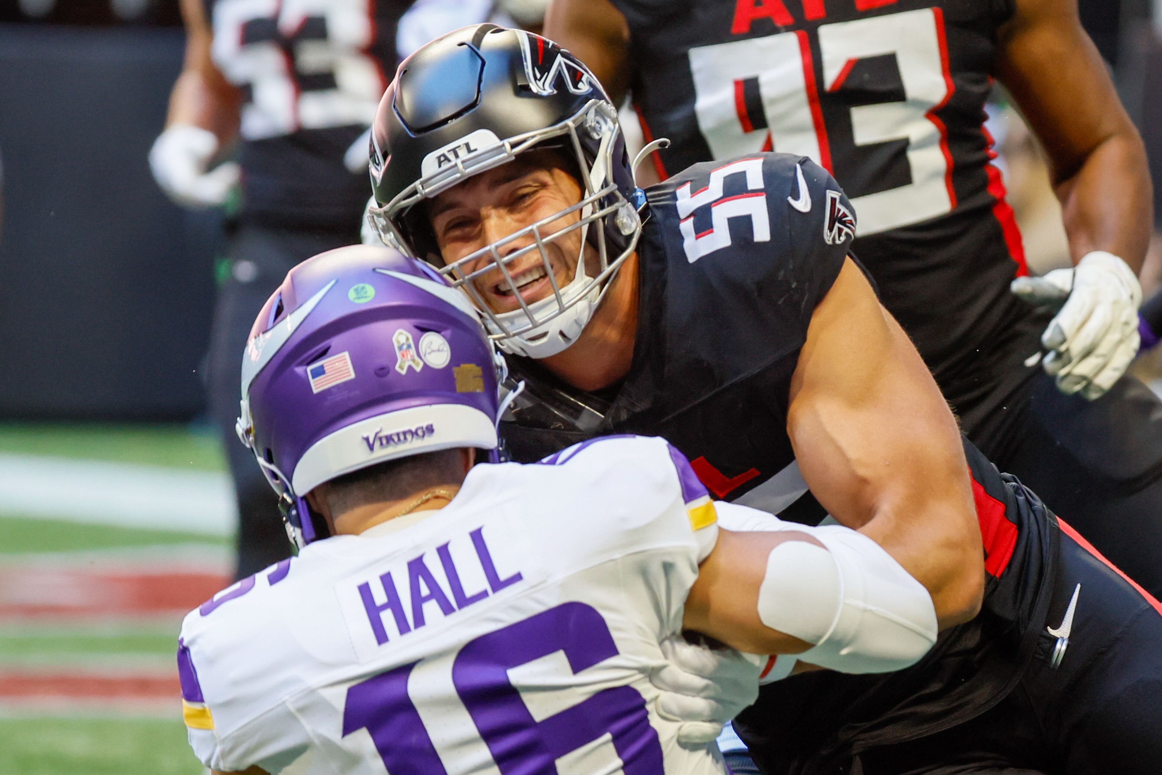 Falcons linebacker Kaden Elliss (55) stops Vikings quarterback Jaren Hall (16) close to the end zone during the first half on Sunday, Nov. 5, 2023, at Mercedes-Benz Stadium in Atlanta. Elise did not return to the game after that play.
Miguel Martinez/miguel.martinezjimenez@ajc.com