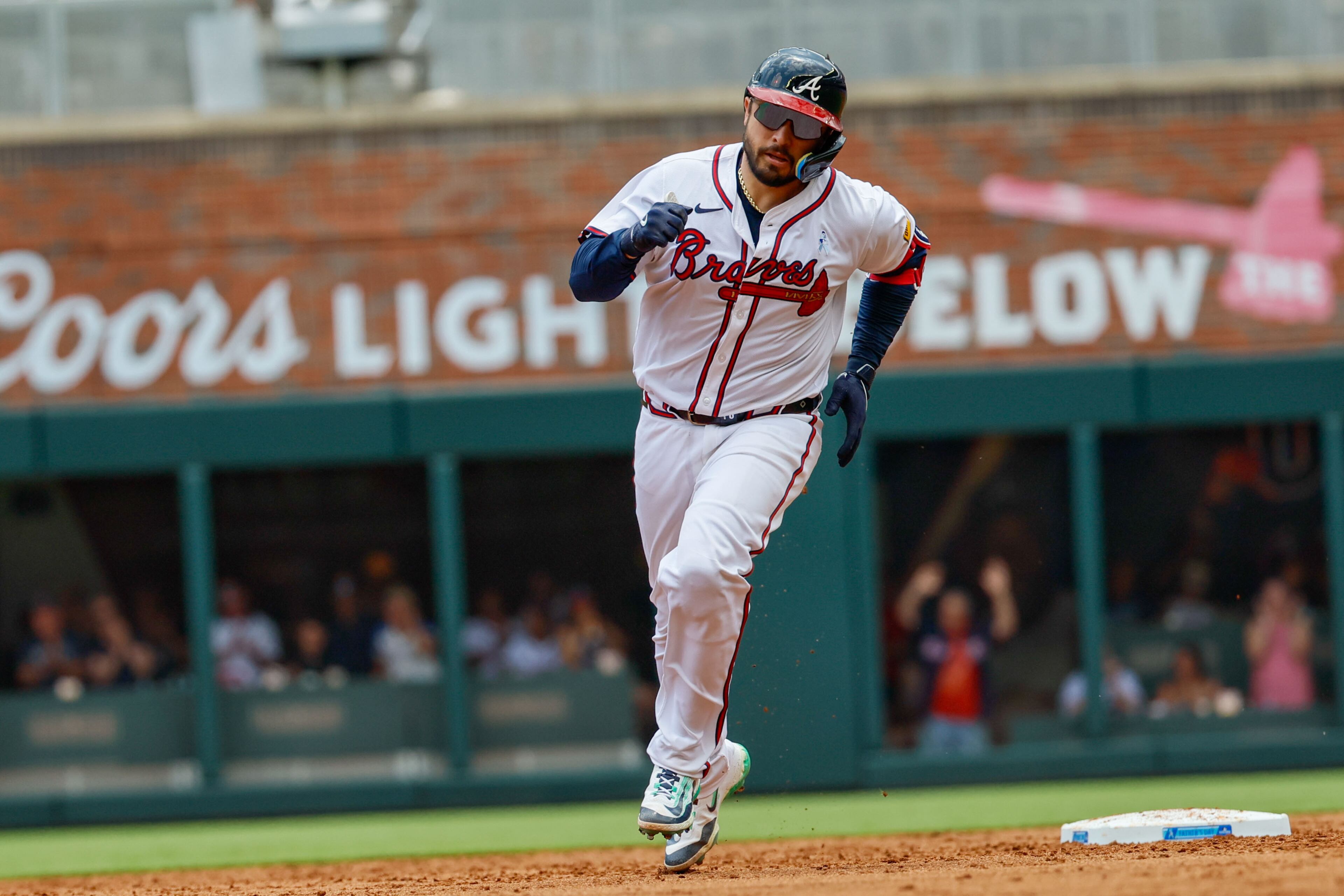 Atlanta Braves catcher Travis d'Arnaud rounds second base after hitting a solo home run during the second inning against the Tampa Bay Rays at Truist Park on Sunday, June 16, 2024, in Atlanta.
(Miguel Martinez/ AJC)