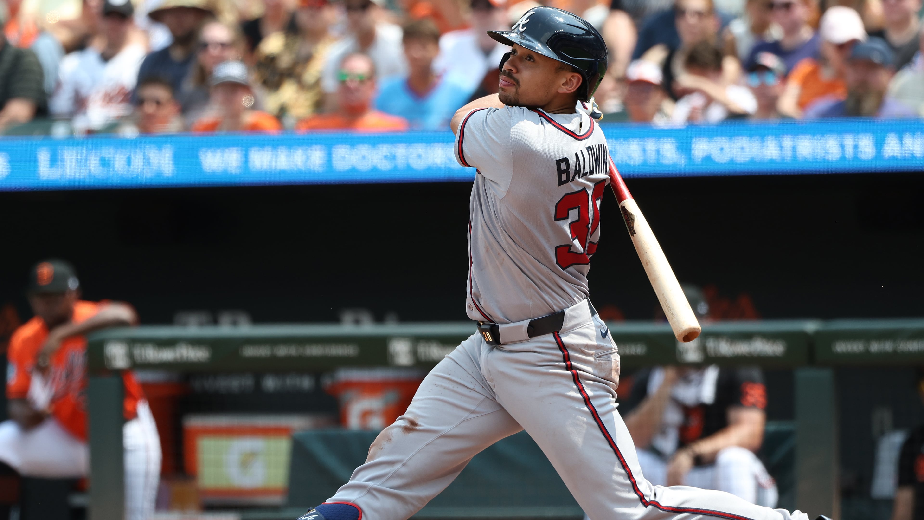 Atlanta Braves' Drake Baldwin hits a single during the third inning of a baseball game against the Baltimore Orioles, Sunday, July 26, 2026, in Baltimore. (AP Photo/Daniel Kucin Jr.)