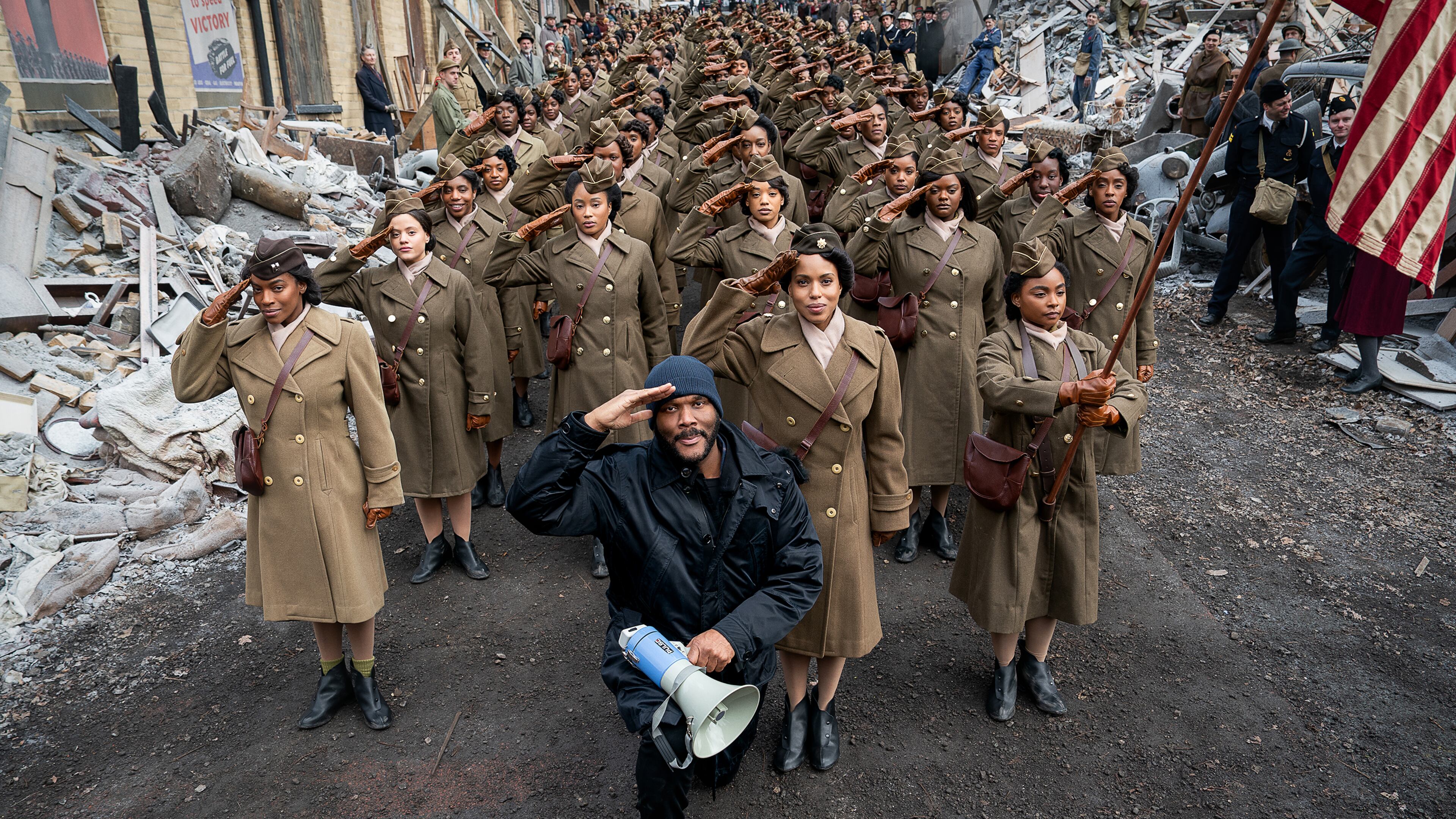 Writer/Director/Producer Tyler Perry, Kerry Washington and the cast of "Six Triple Eight." (Laura Radford/Perry Well Films 2/Netflix/TNS)