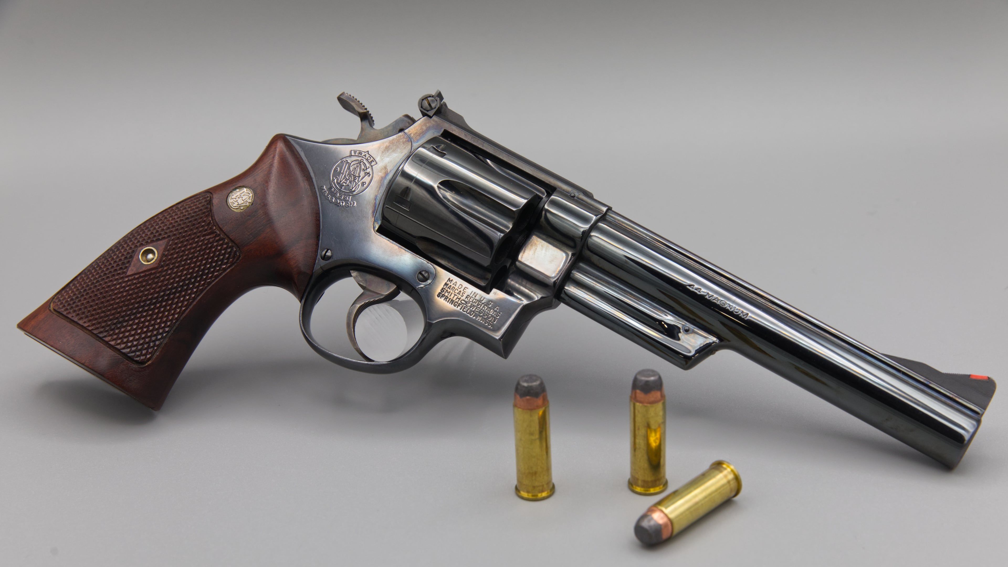 A Smith & Wesson Model 29 revolver chambered in .44 Magnum is displayed at the Shootit gun store in Phoenix, AZ, July 11, 2026. (AP Photo/Dario Lopez-Mills)