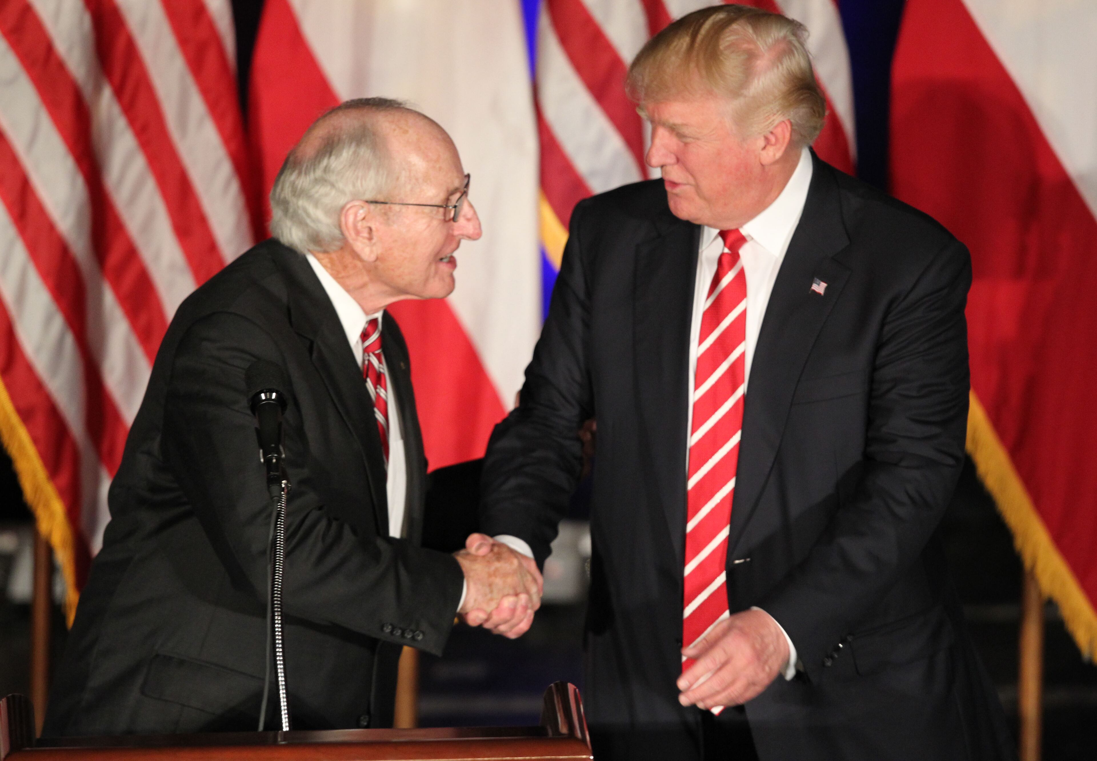 Donald Trump speaks at the Fox Theater on Wednesday afternoon at a rally in downtown Atlanta. Trump introduced former UGA football coach Vince Dooley to the stage to speak a few words before his speech began. EMILY JENKINS/ EJENKINS@AJC.COM