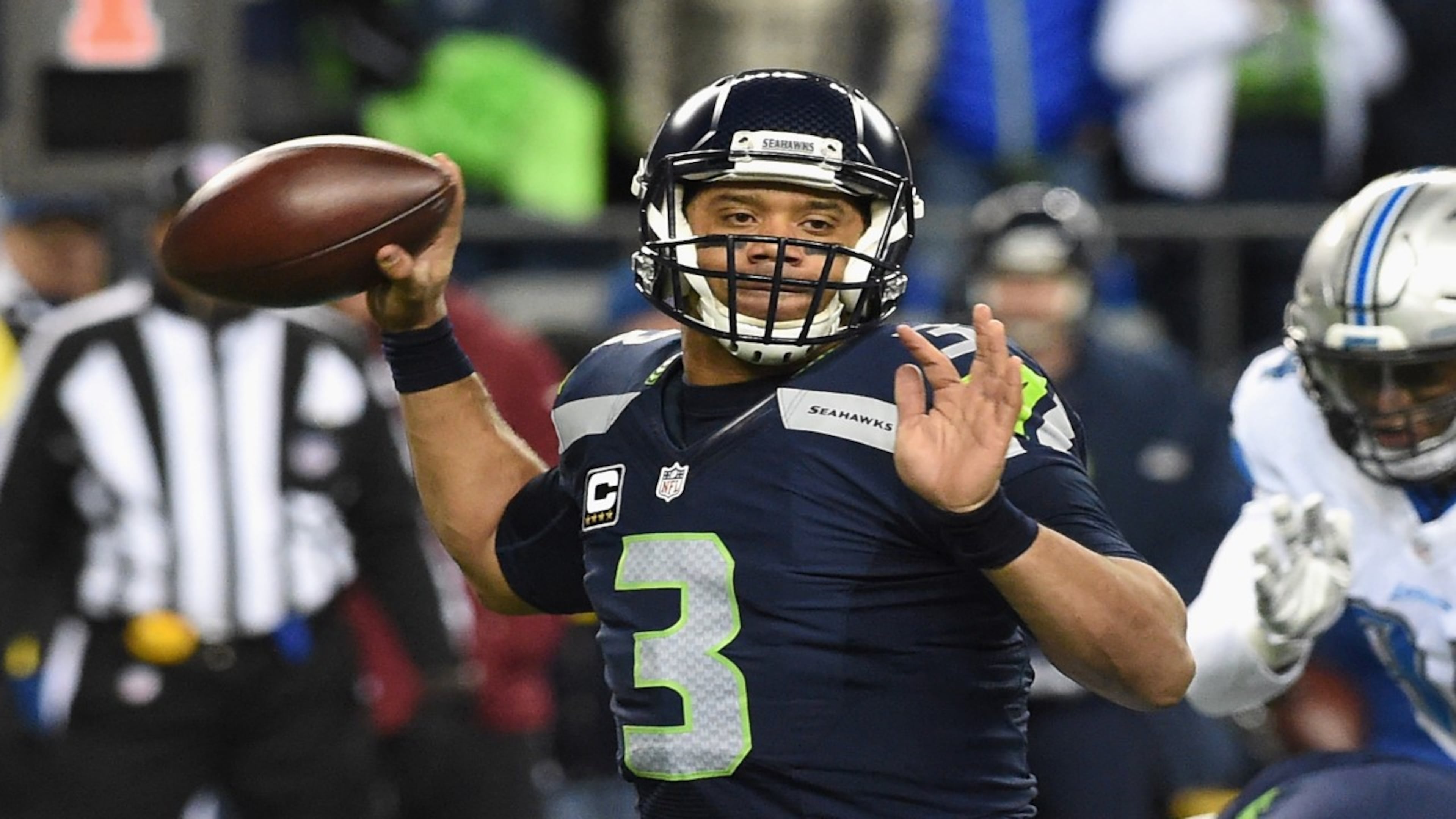 SEATTLE, WA - JANUARY 07: Russell Wilson #3 of the Seattle Seahawks looks to pass the ball during the first half against the Detroit Lions in the NFC Wild Card game at CenturyLink Field on January 7, 2017 in Seattle, Washington. (Photo by Steve Dykes/Getty Images)