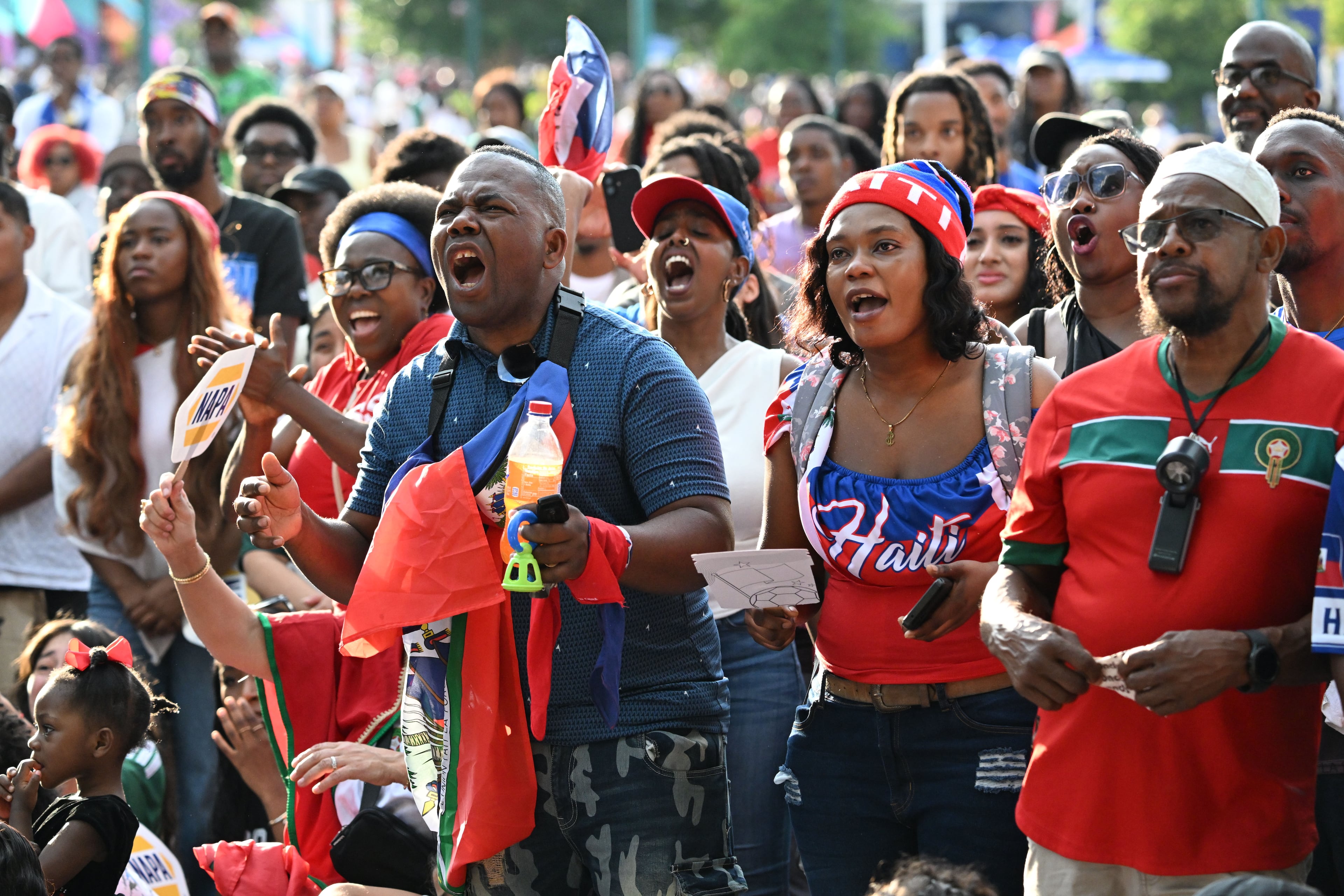 Haiti fans react as they gather to watch the match between Morocco vs. Haiti at the FIFA Fan Festival in Centennial Olympic Park on Wednesday, June 24, 2026, in Atlanta. (Hyosub Shin/AJC)