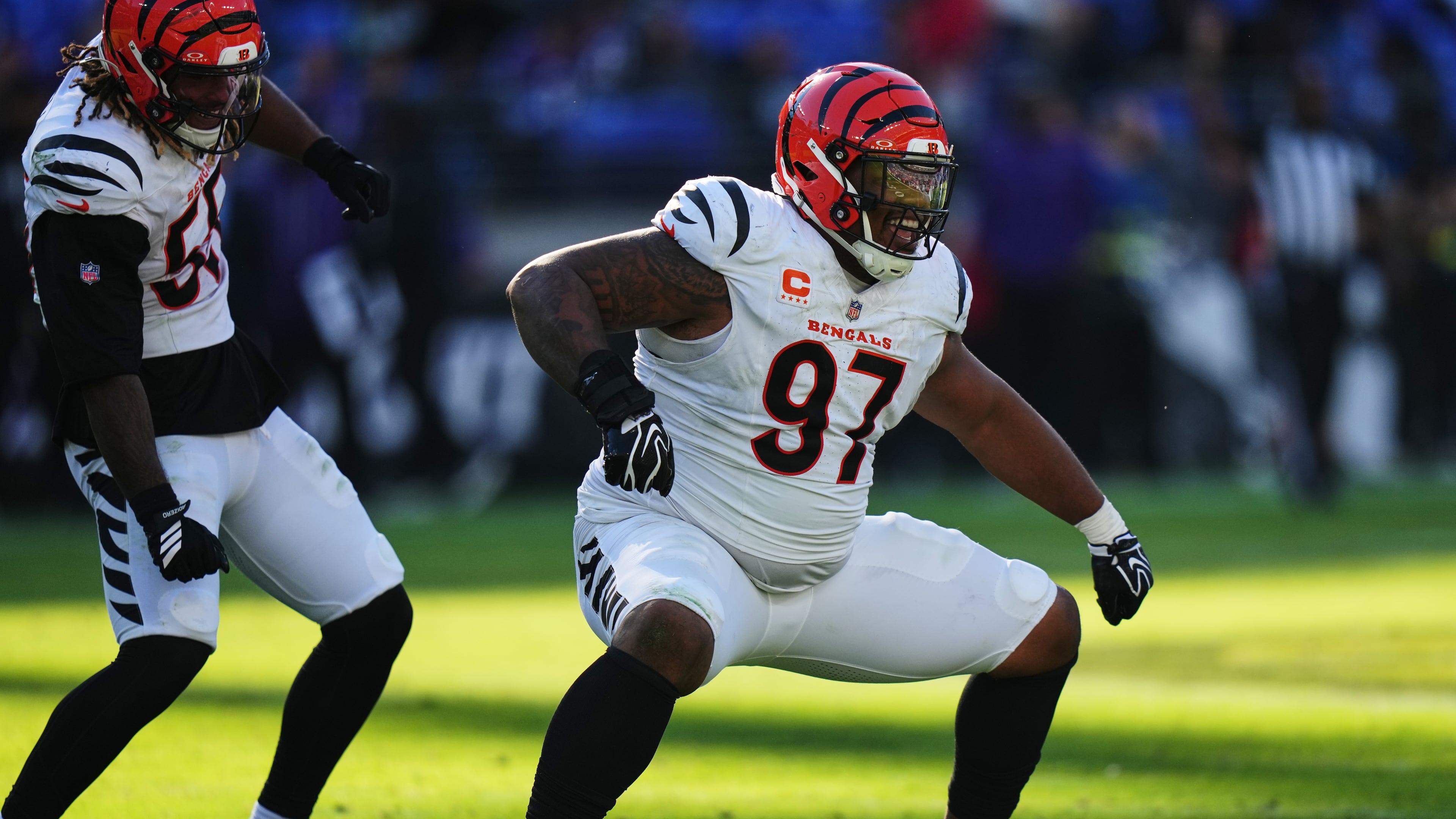 Cincinnati Bengals defensive tackle Dexter Lawrence II (97) celebrates during the second half of an NFL football game against the Baltimore Ravens in Baltimore, Sunday, Oct. 25, 2026. (AP Photo/Stephanie Scarbrough)