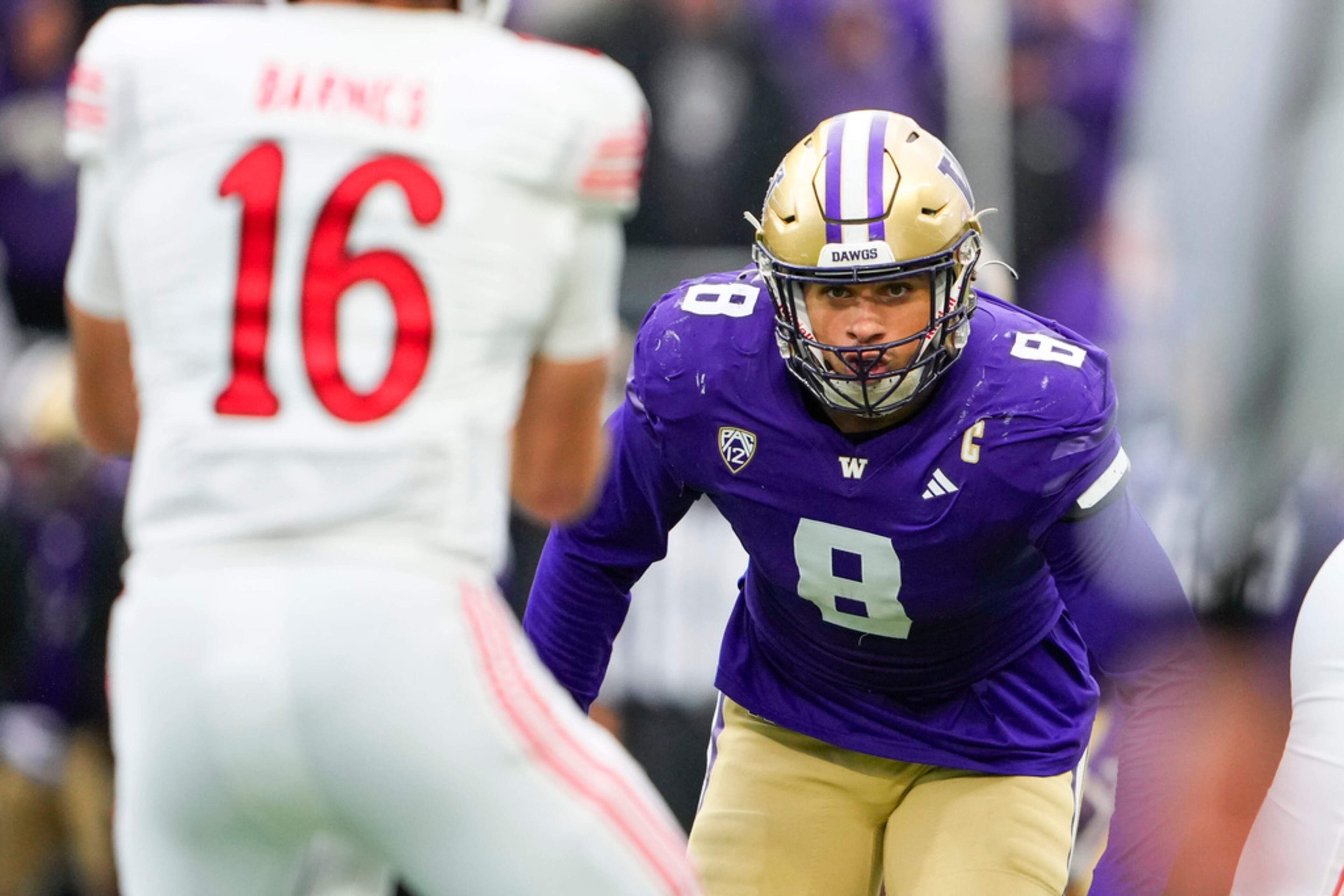 Washington defensive end Bralen Trice (8) looks towards Utah quarterback Bryson Barnes (16) during the second half of an NCAA college football game Saturday, Nov. 11, 2023, in Seattle. Washington won 35-28. (AP Photo/Lindsey Wasson)