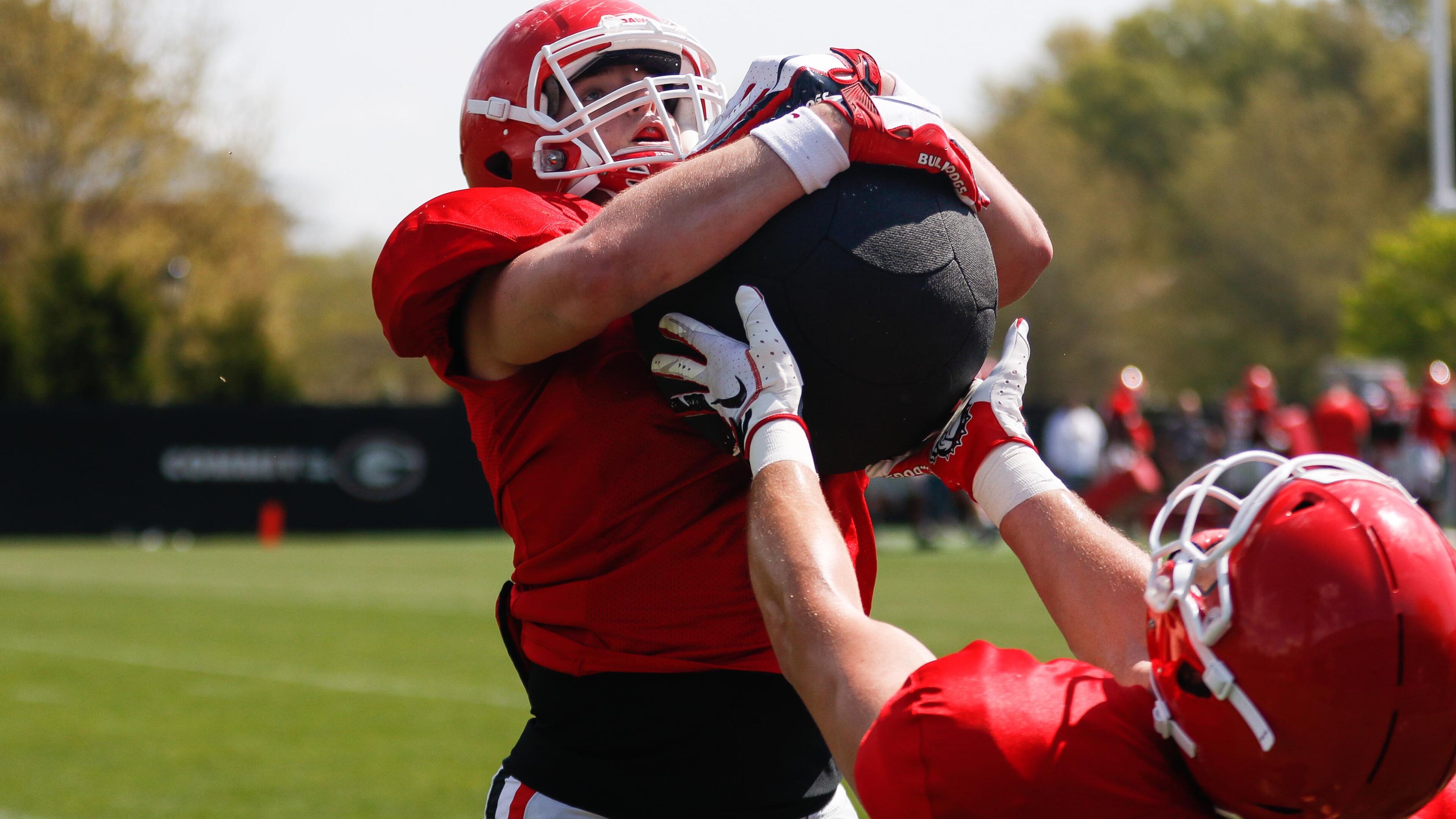 Georgia tight end Mitchell Werntz (42) works on a drill during spring practice Saturday, March 30, 2019, in Athens. Tight ends worked on short routes.