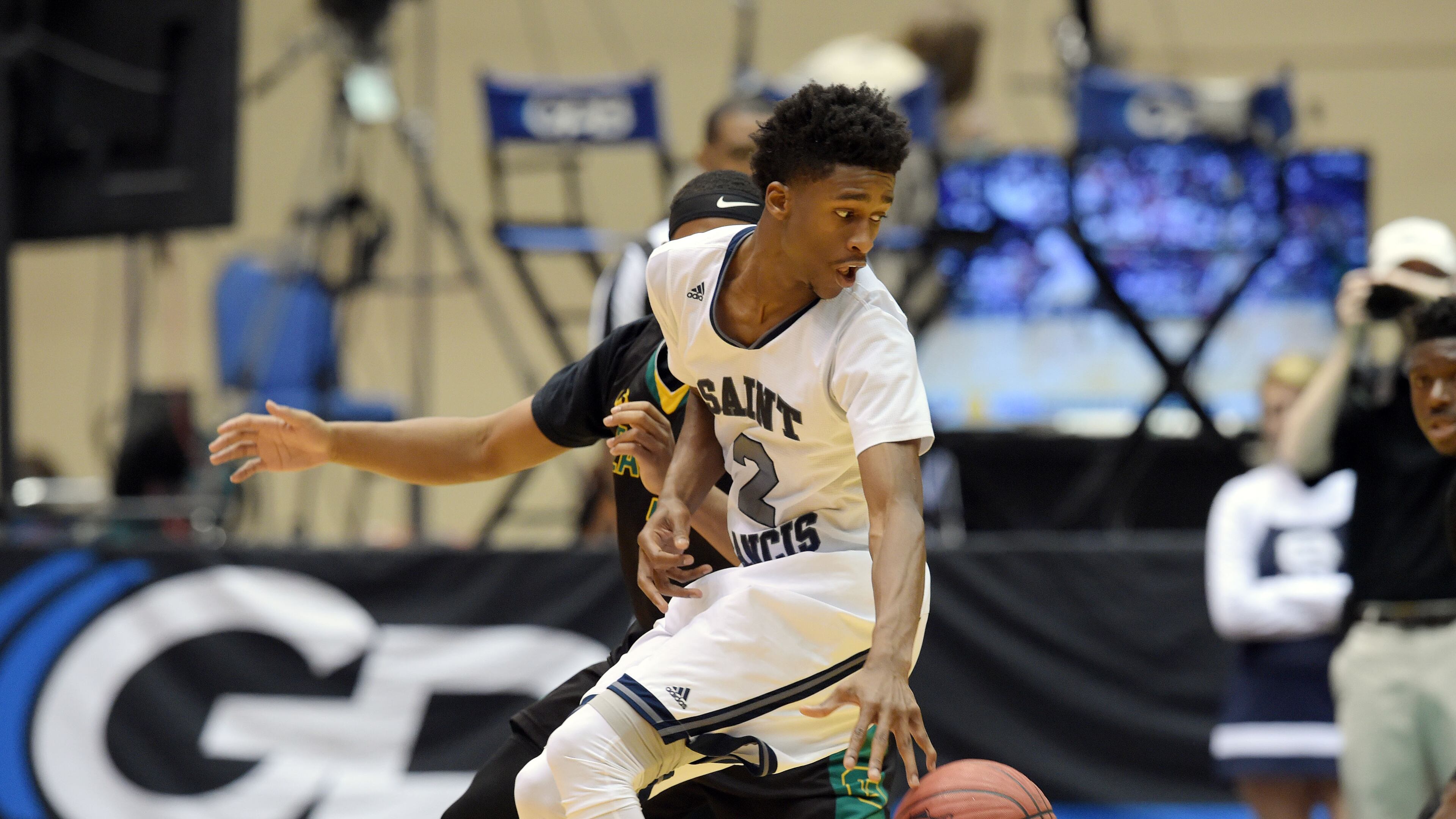 Kobi Simmons (2) handles the ball for the St. Francis Knights in this 2016 game in Macon against the Greenforest Christian Eagles.
