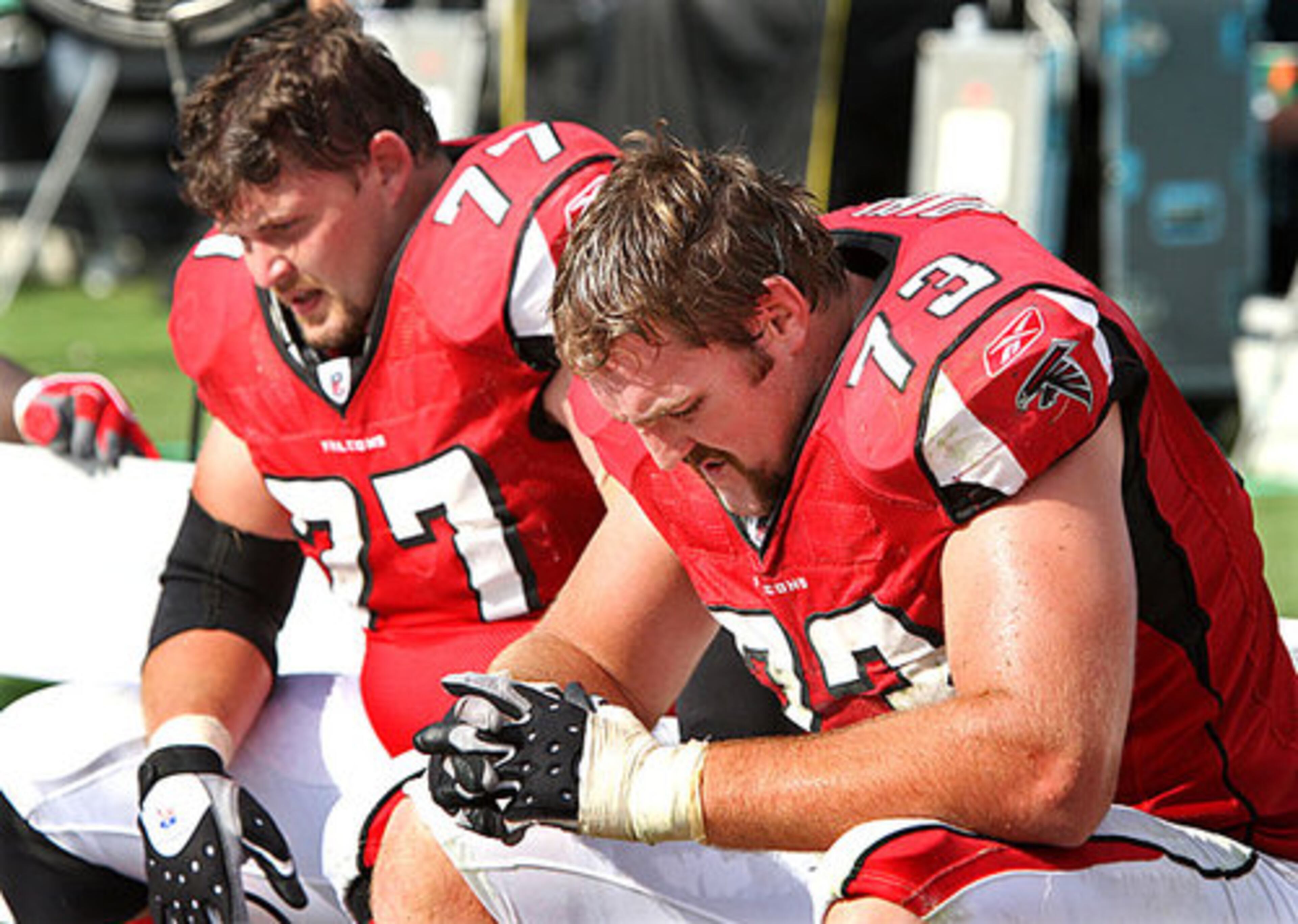 At the end of Sunday's loss, the Falcons, including tackle Tyson Clabo, left, and guard Harvey Dahl, looked exhausted.