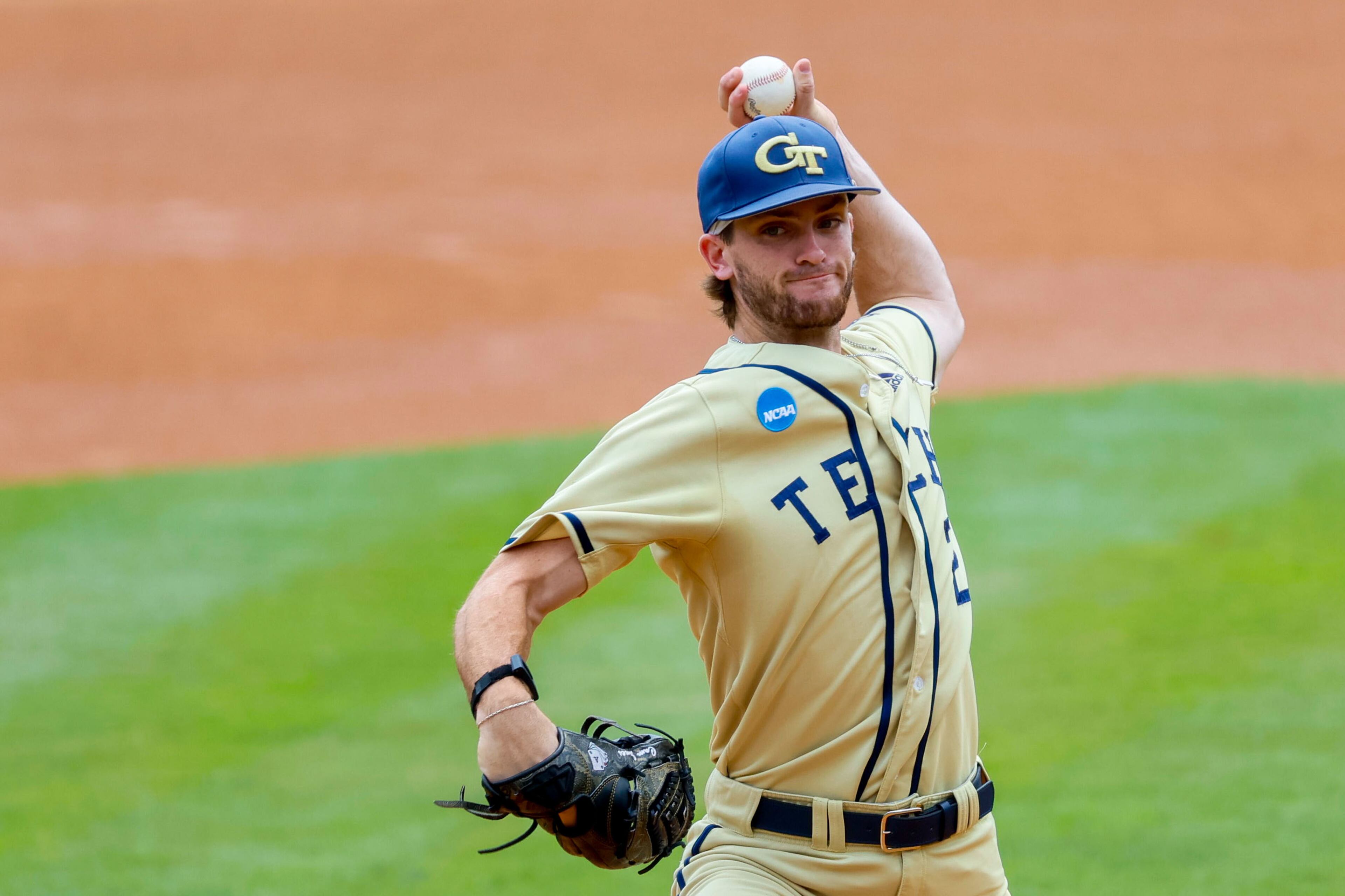Georgia Tech starting pitcher Cam Jones delivers to a UNC Wilmington batter during the first inning of the NCAA Tournament Regional at Foley Field on Sunday, June 2, 2024, in Athens.
(Miguel Martinez / AJC)