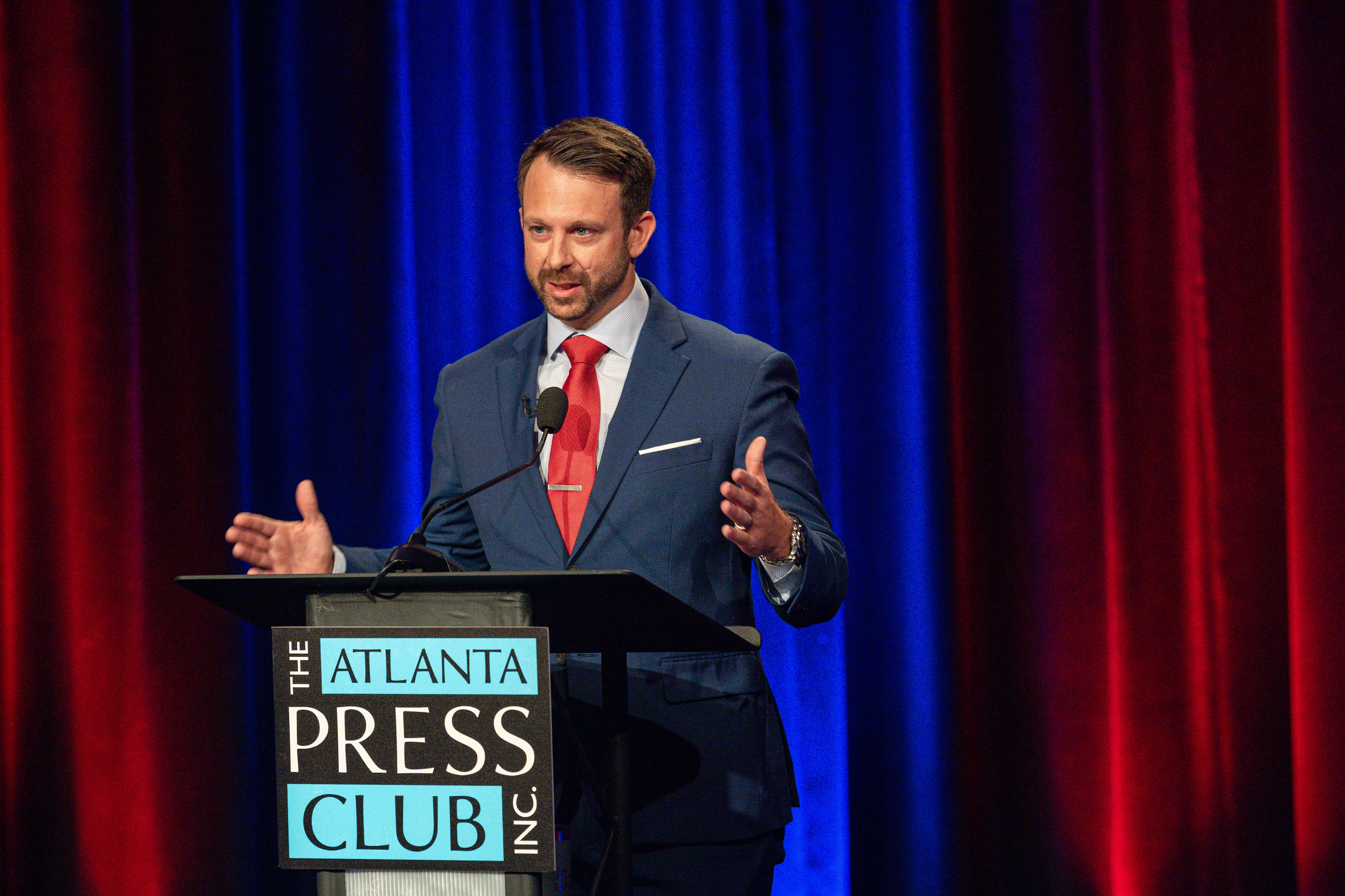 Republican candidate for District 5 Public Service Commission Josh Tolbert debates Democrat Shelia Edward (not pictured) during the Atlanta Press Club Loudermilk-Young Debate Series on Oct. 12, 2026. (Pool photo by J Glenn Photography)
