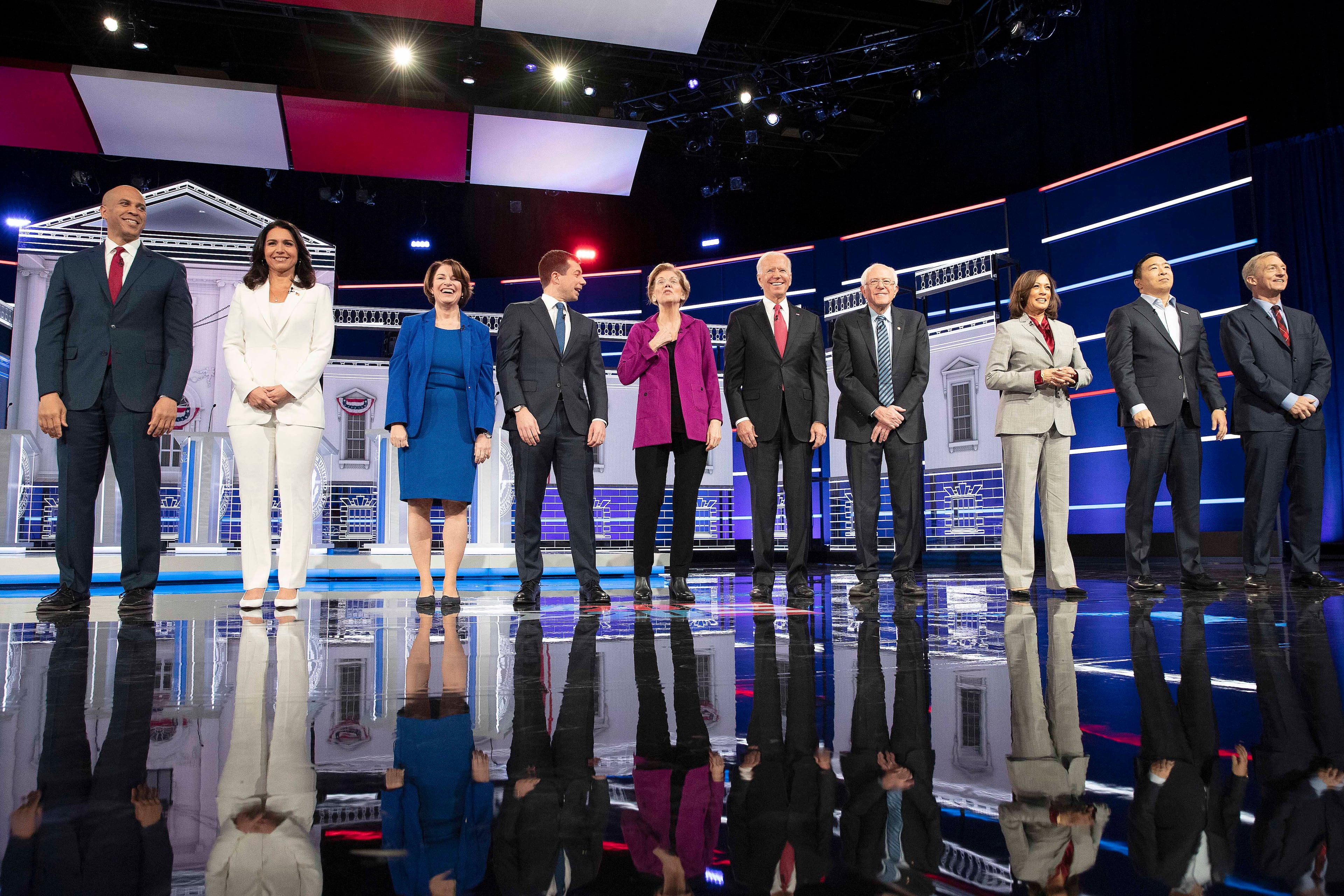 11/20/2019 -- Atlanta, Georgia -- Ten candidates take ahead of the MSNBC/The Washington Post Democratic Presidential debate inside the Oprah Winfrey Soundstage at Tyler Perry Studios, Monday, November 20, 2019. (Alyssa Pointer/Atlanta Journal Constitution)