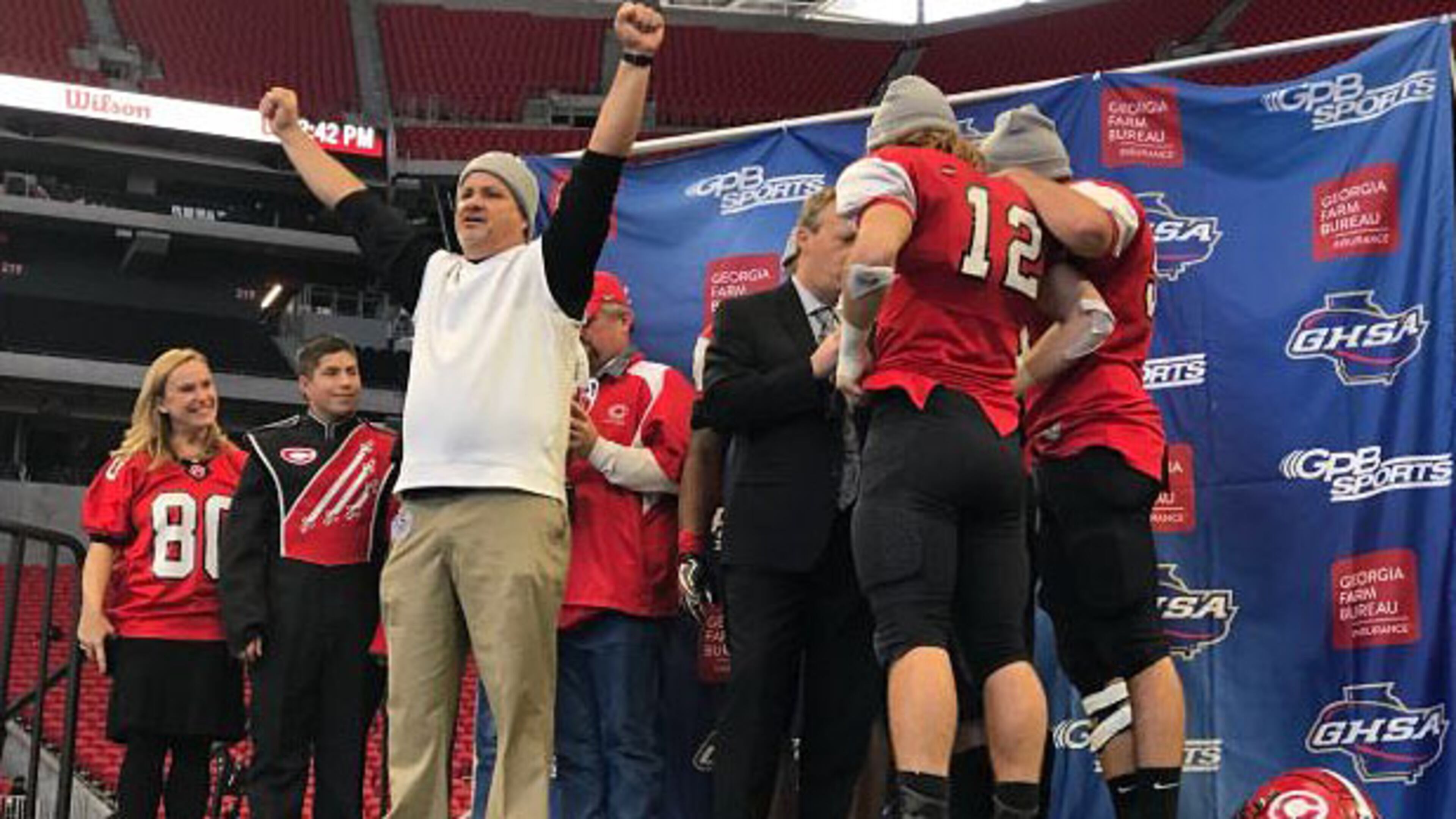 Clinch County celebrates the Class A public state championship. (Twitter screenshot courtesy of GHSA)