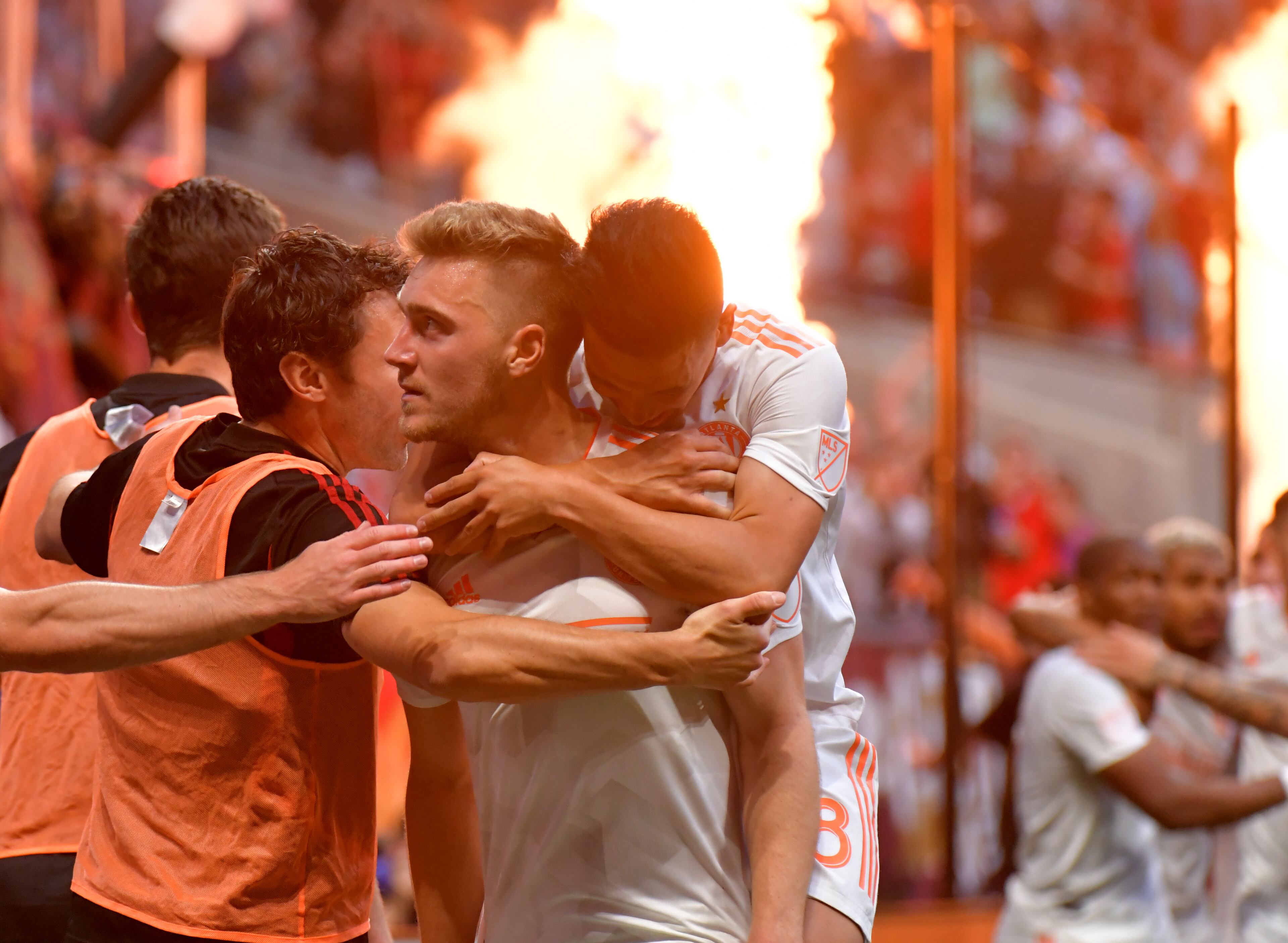 April 27, 2019 Atlanta - Atlanta United defender Julian Gressel (24) is congratulated by Atlanta United midfielder Ezequiel Barco (8) after Julian Gressel (24) scored a goal assisted by Leandro Gonzalez (5) during the second half in a MLS soccer match at Mercedes-Benz Stadium in Atlanta on Saturday, April 27, 2019. Atlanta United won 1-0 over the Colorado Rapids. HYOSUB SHIN / HSHIN@AJC.COM