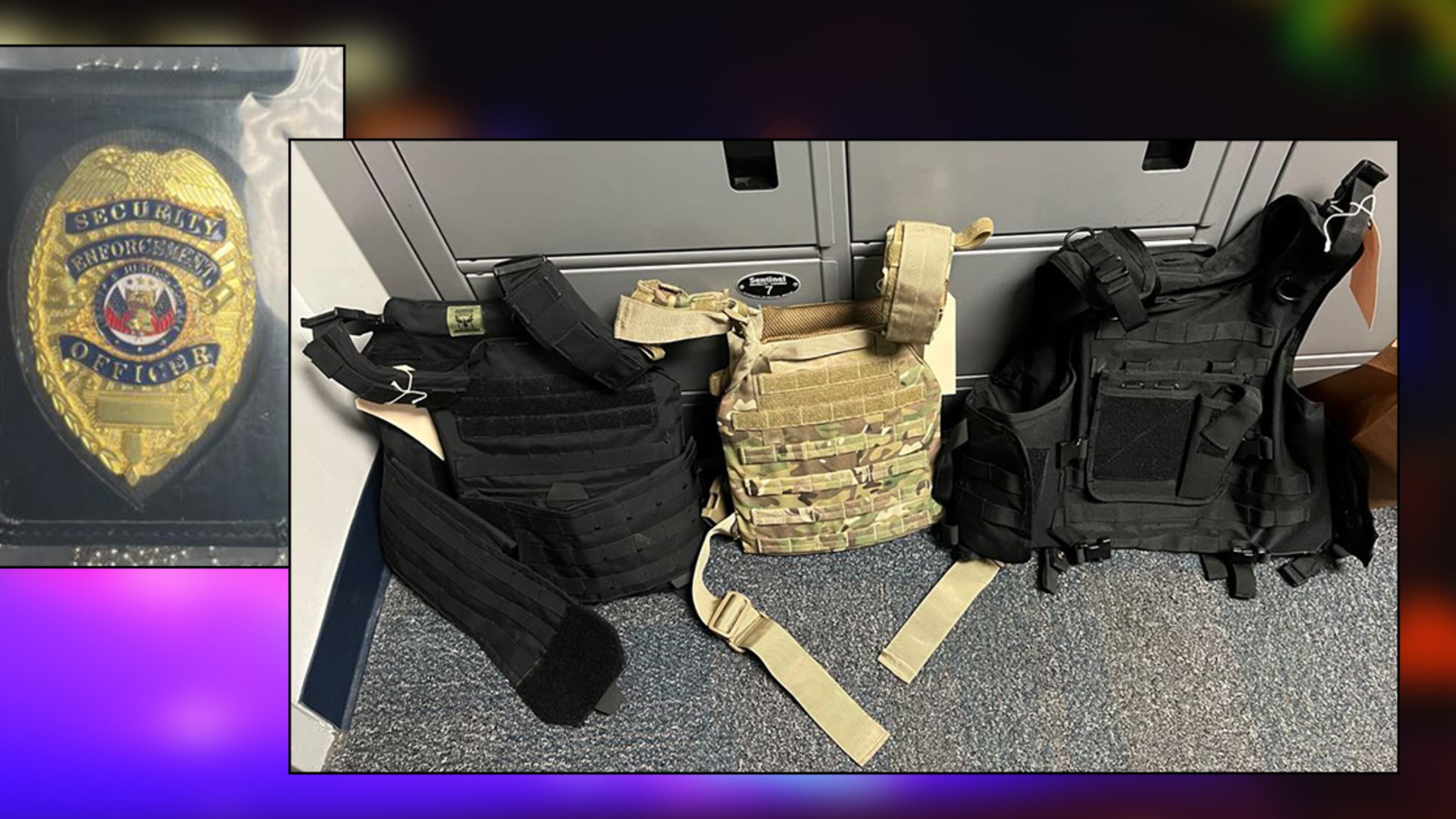 A police badge and tactical gear found at a property associated with Luis Soto, who was accused of impersonating an officer during an armed home invasion and robbery in Lawrenceville, according to Gwinnett County police. A second suspect, Yenson Adrian Cedeno Acevedo, was arrested Friday.