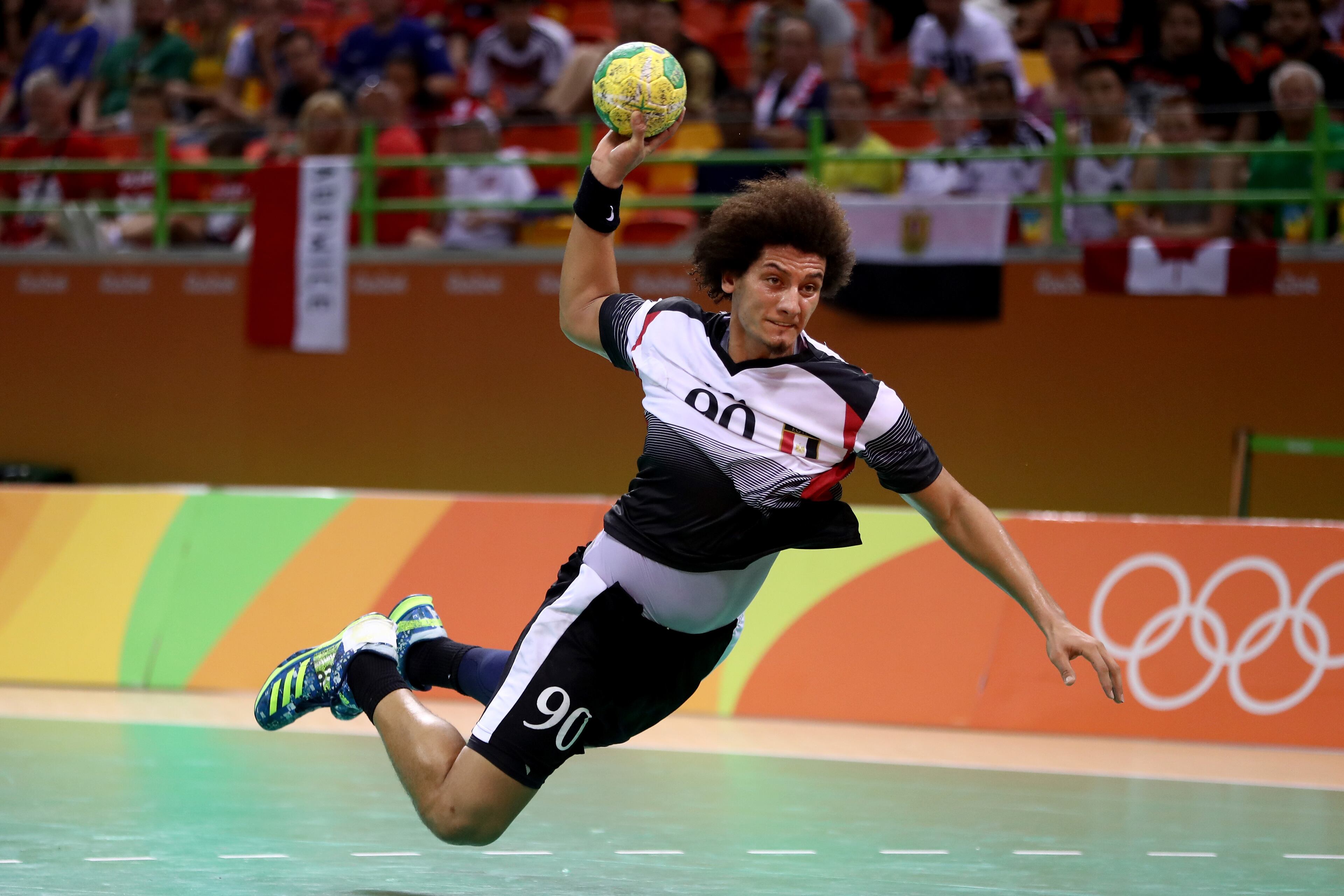 Ali Mohamed of Egypt takes a shot during the Men's Preliminary Group B match between Germany and Egypt on Day 10 of the Rio 2016 Olympic Games at the Future Arena on August 15, 2016 in Rio de Janeiro, Brazil. (Photo by Phil Walter/Getty Images)