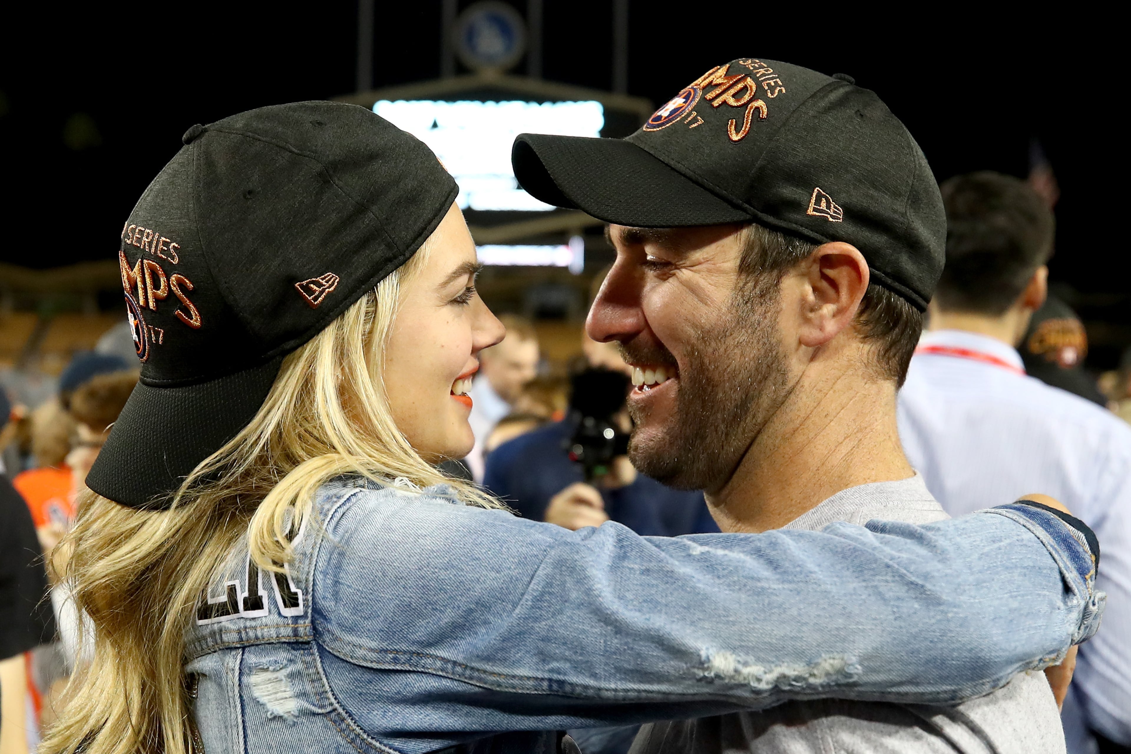 Justin Verlander #35 of the Houston Astros celebrates with fiancee Kate Upton after the Astros defeated the Los Angeles Dodgers 5-1 in game seven to win the 2017 World Series at Dodger Stadium on November 1, 2017 in Los Angeles, California. (Photo by Ezra Shaw/Getty Images)